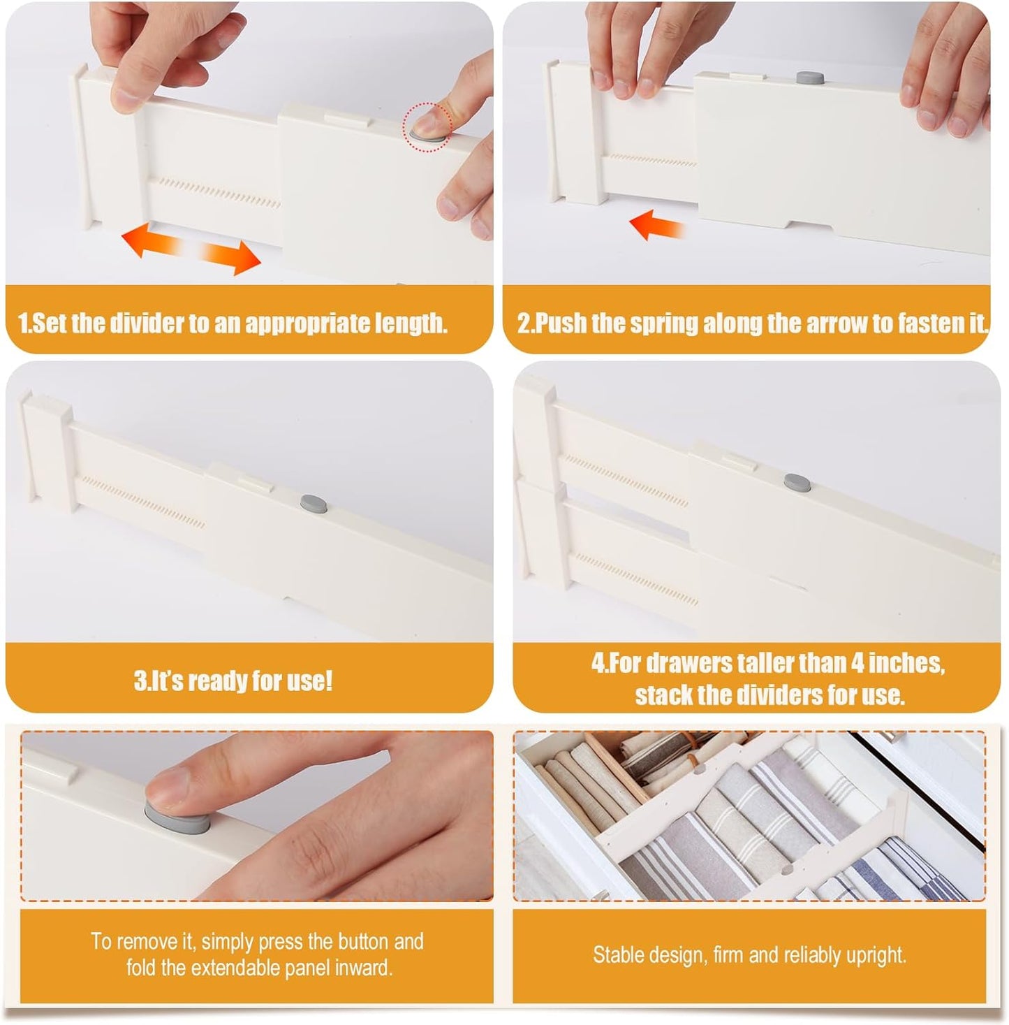 8 Pack 4" High Drawer Dividers, 11"-17" Expandable Drawer Organizer For Clothes, Dresser Drawer Organizer, Warm White Drawer Separators for Baby Clothes, Vanity, Cosmetic, Kitchen and Office Storage