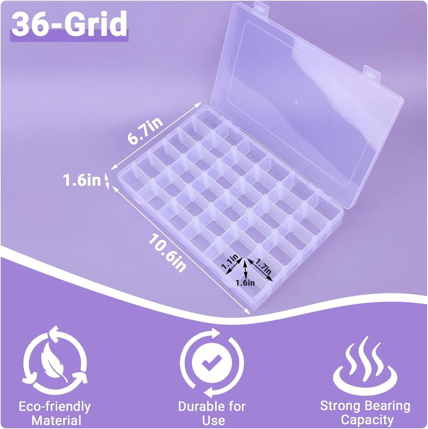 36-Grid Bead Storage Containers, 2 Packs Clear Craft Organizers and Storage Box with Dividers for Small Accessories, Nail Art, Jewelry Gem, Beads, Tackle, Miniature Fittings