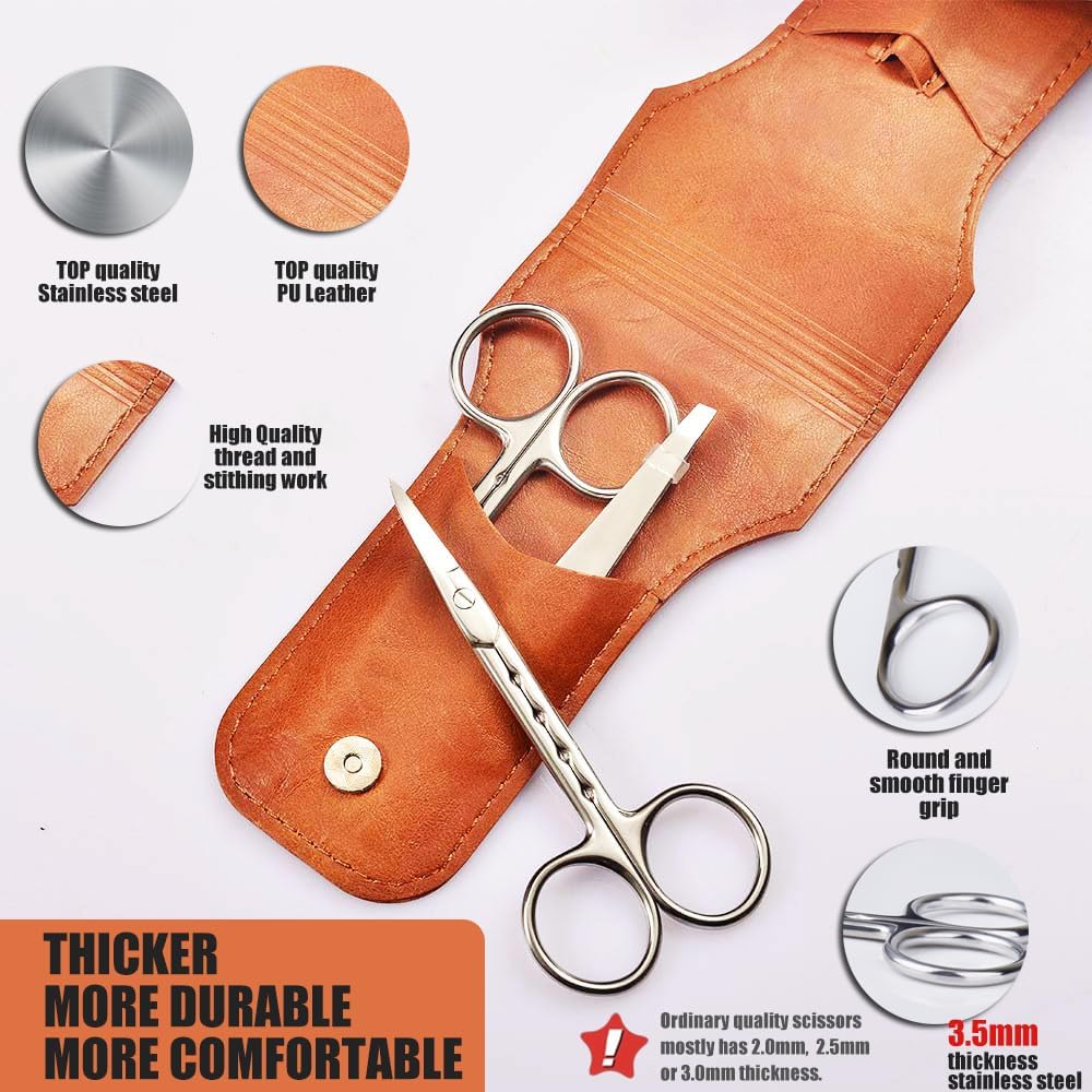 Professional Stainless Steel Curved Rounded Facial Hair Scissors Tweezers Set For Men Moustache, Nose Hair, Beard Trimming Scissors,Safety Use for Eyebrows,Eyelashes,Ear Hair - PU Leather Bag