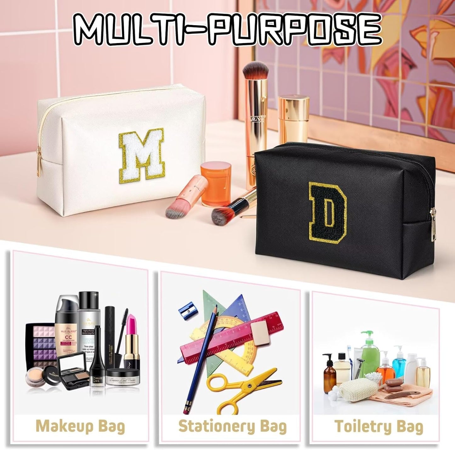 TOPEAST Initial Makeup Bags for Women, Personalized Portable Cosmetic Bag for Travel, Cute Makeup Pouch, PU Leather Waterproof Toiletry Bag, Preppy Things for Girl (Black V)