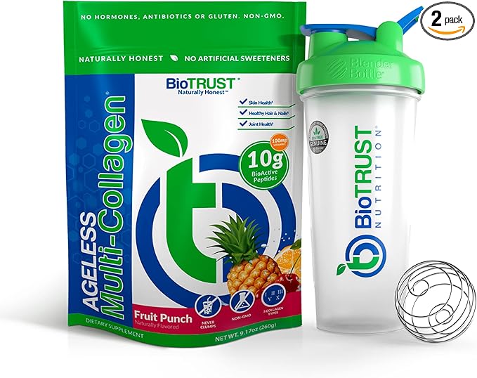 BioTrust Ageless Multi Collagen 5-in-1 Protein Powder (Fruit Punch) BlenderBottle Bundle