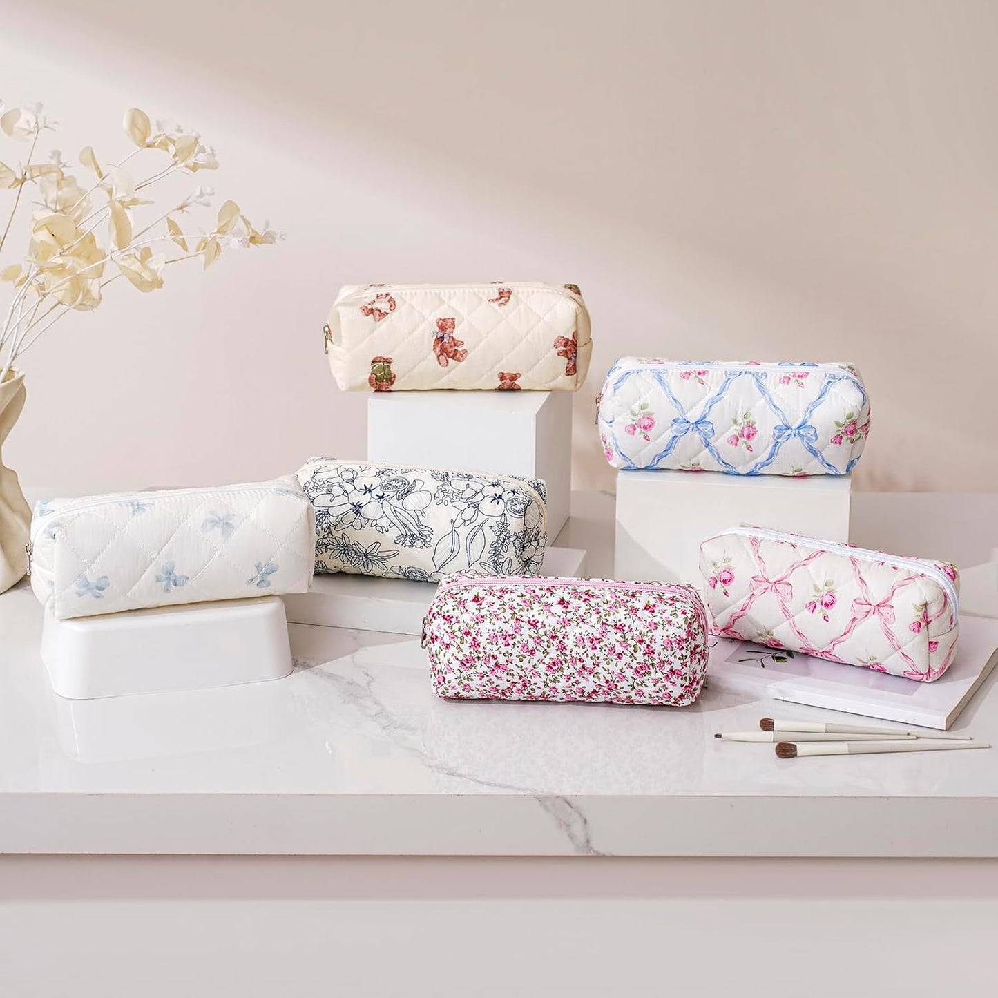 Cute Floral Cotton Makeup Brush Cosmetic Bag for Women, Travel Quilted Zipper Make Up Bag, Flowers Toiletry Organizer Case Kawaii Makeup Cosmetic Travel Cloth Pouch (Pink Bowknot+Blue Bowknot)