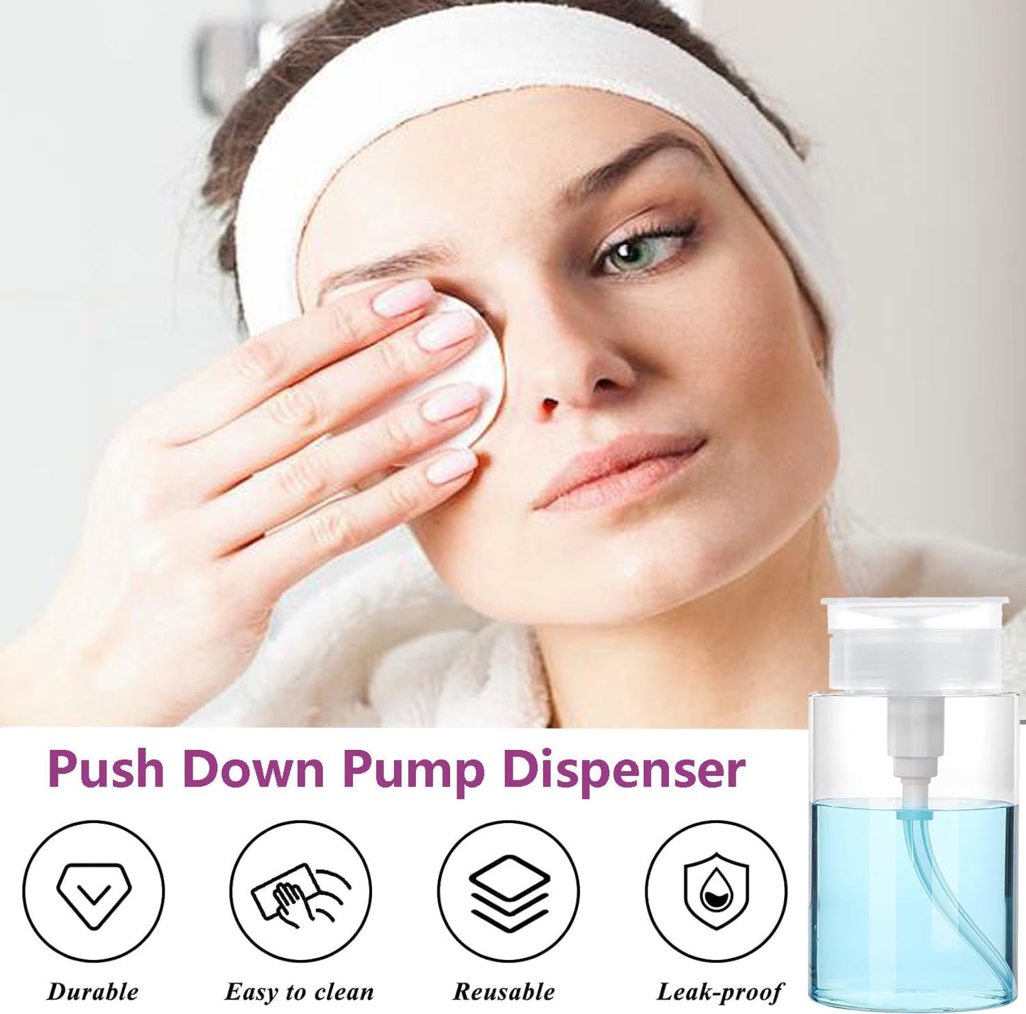 Push Down Pump Dispenser, 3.4oz Clear Pump Bottles with Alcohol, Acetone, Nail Polish Remover, Makeup Remover, Toner Stickers Empty Push Top Container for Liquid (100ml-2Pack)