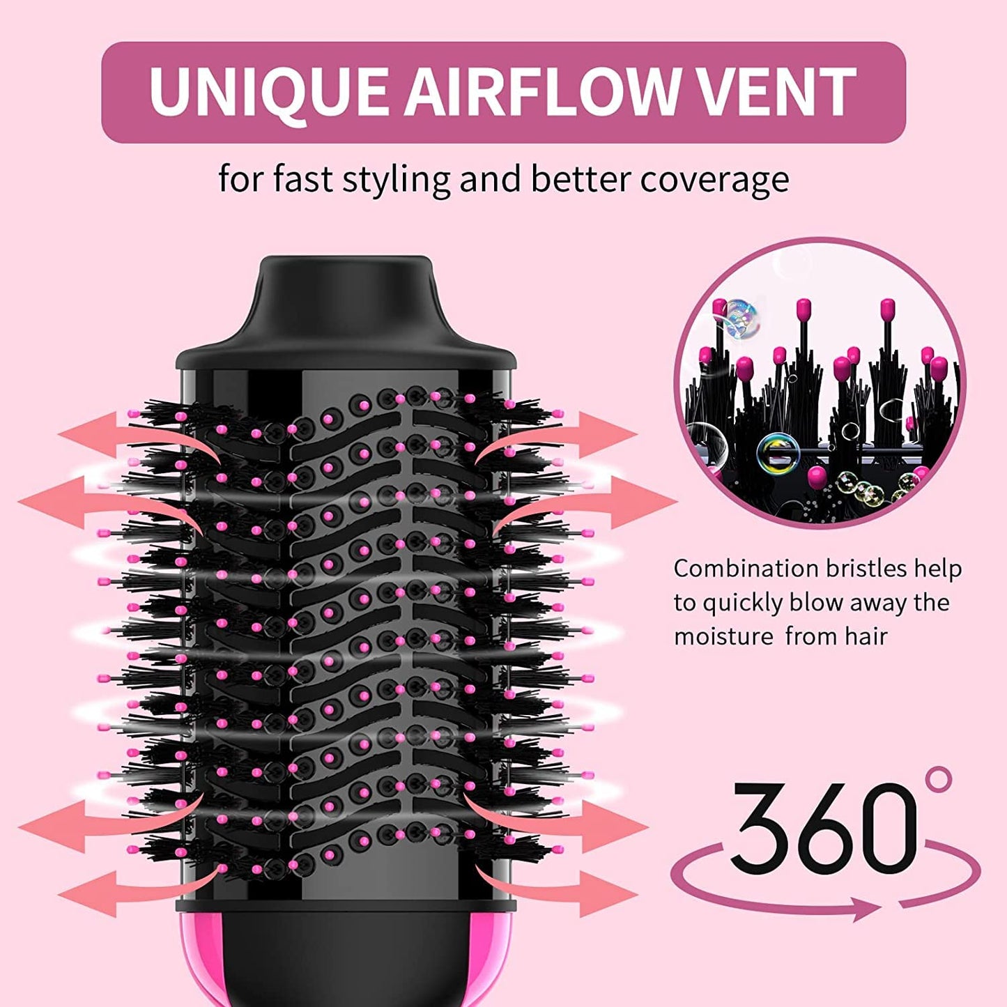 Hair Dryer Brush, 4 in 1 One Step Hair Dryer and Styler Volumizer, Professional Hot Air Brush with Negative Ion Anti-frizz Blowout for Drying, Straightening, Salon, Black Pink