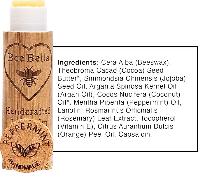 Bee Bella Lip Balm, Peppermint, 3 Pack - Hydrating Lip Care, 100% Natural, Original Organic Beeswax with Vitamin E, Handmade in USA, Easter Basket Gift