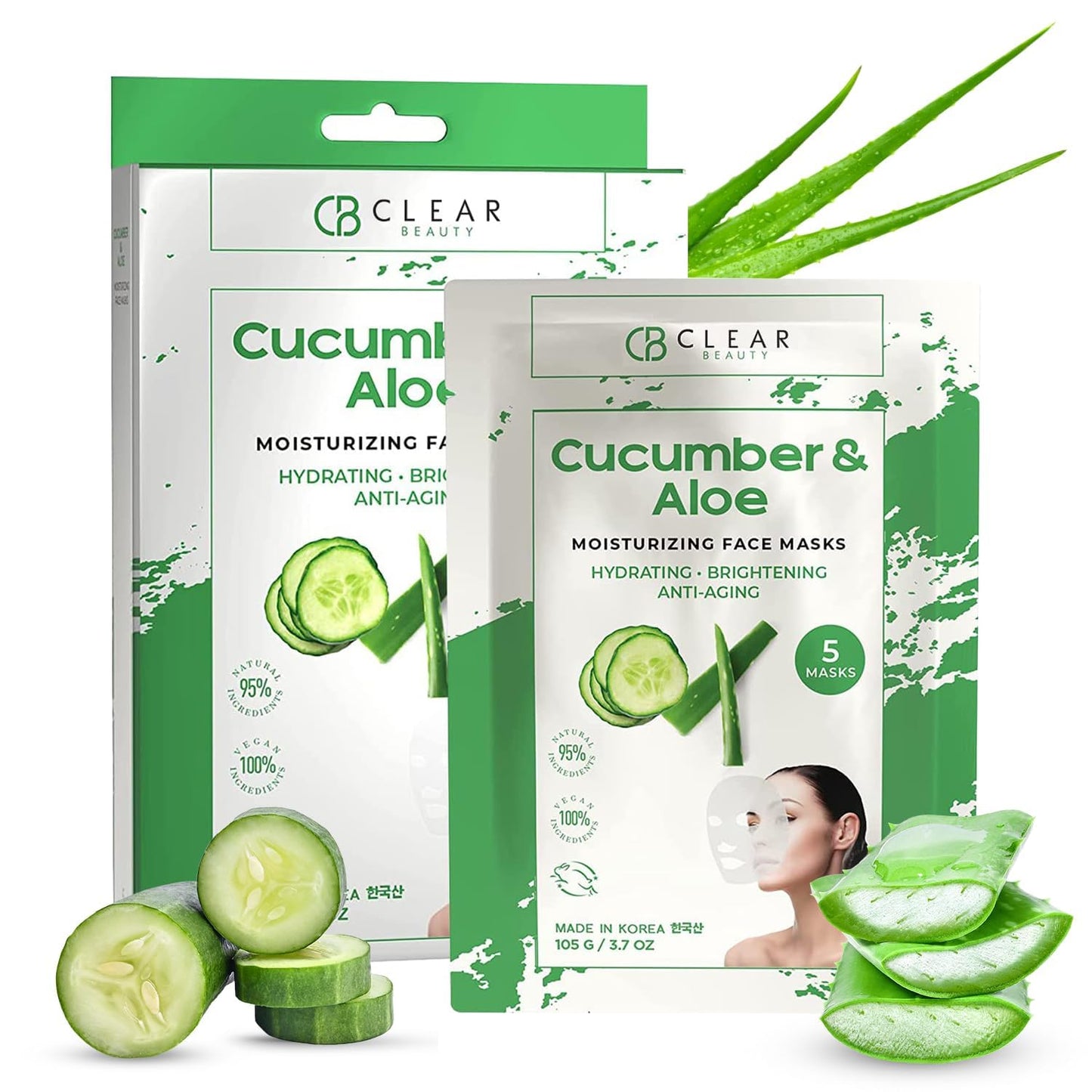 Clear Beauty Cucumber & Aloe Moisturizing Face Mask - Dermatologist Tested, Soothes Irritated Skin, Reduces Wrinkles & Fine Lines, Hydrating, Cruelty-Free Korean Skin Care - All Skin Types - 4 Pack