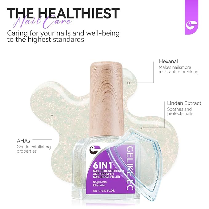 Women Nail Strengthener Protein for Daily: Glittering Pearl Gelike EC 6 in 1 Nail Treatment for Weak and Damaged Nails Everyday - Nail Polish Hardener for Home Salon Travel Spa Gift