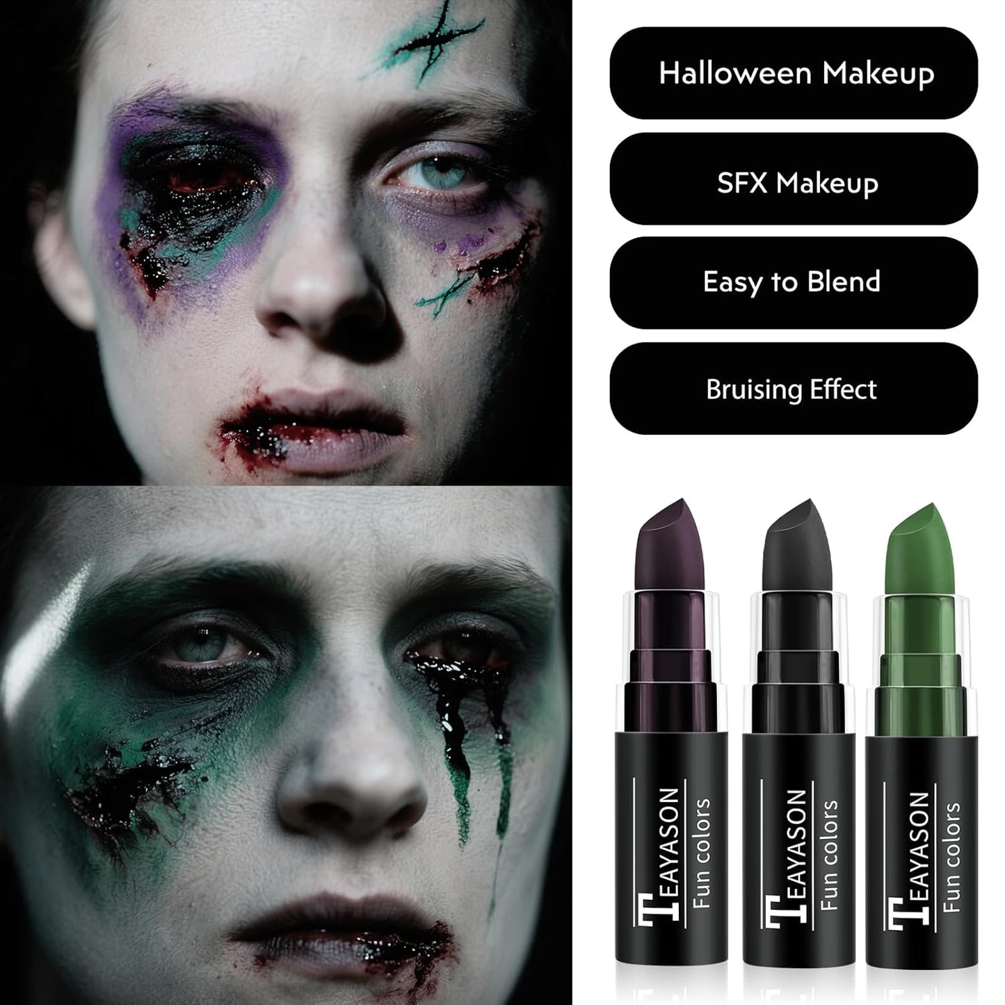 Purple Black Green Face Paint Halloween Makeup Kit, Matte Lipstick Set, Waterproof Body Paint Face Makeup for Halloween Ursula Witch Alien Frankenstein Zombie Clown Vampire Skeleton Skull Joker