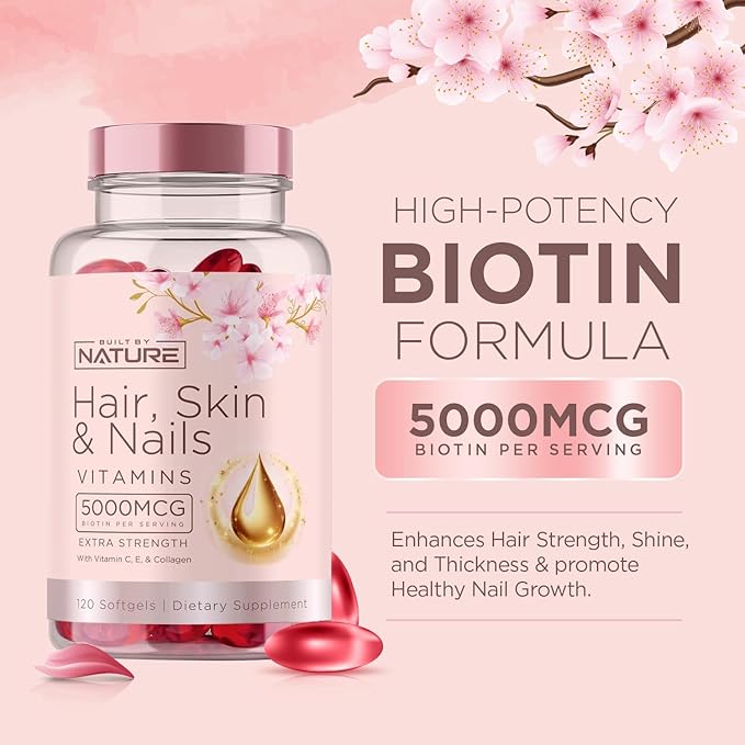 Hair Skin and Nails Vitamins – 5000mcg Biotin with Vitamin C, E, Collagen, Hyaluronic Acid, Argan & Coconut Oil – Luscious Hair Growth & Radiant Skin Supplement for Women – 120 Softgels