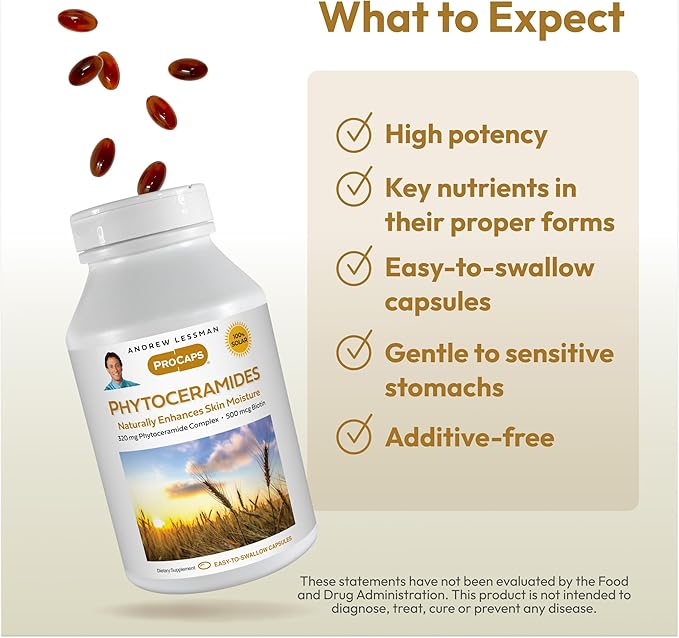 ANDREW LESSMAN Phytoceramides with Biotin 240 Softgels - Skin’s Vital Natural Internal Moisturizer. Naturally Enhances Soft, Smooth, Radiant Skin. No Additives. Small Easy to Swallow Softgels