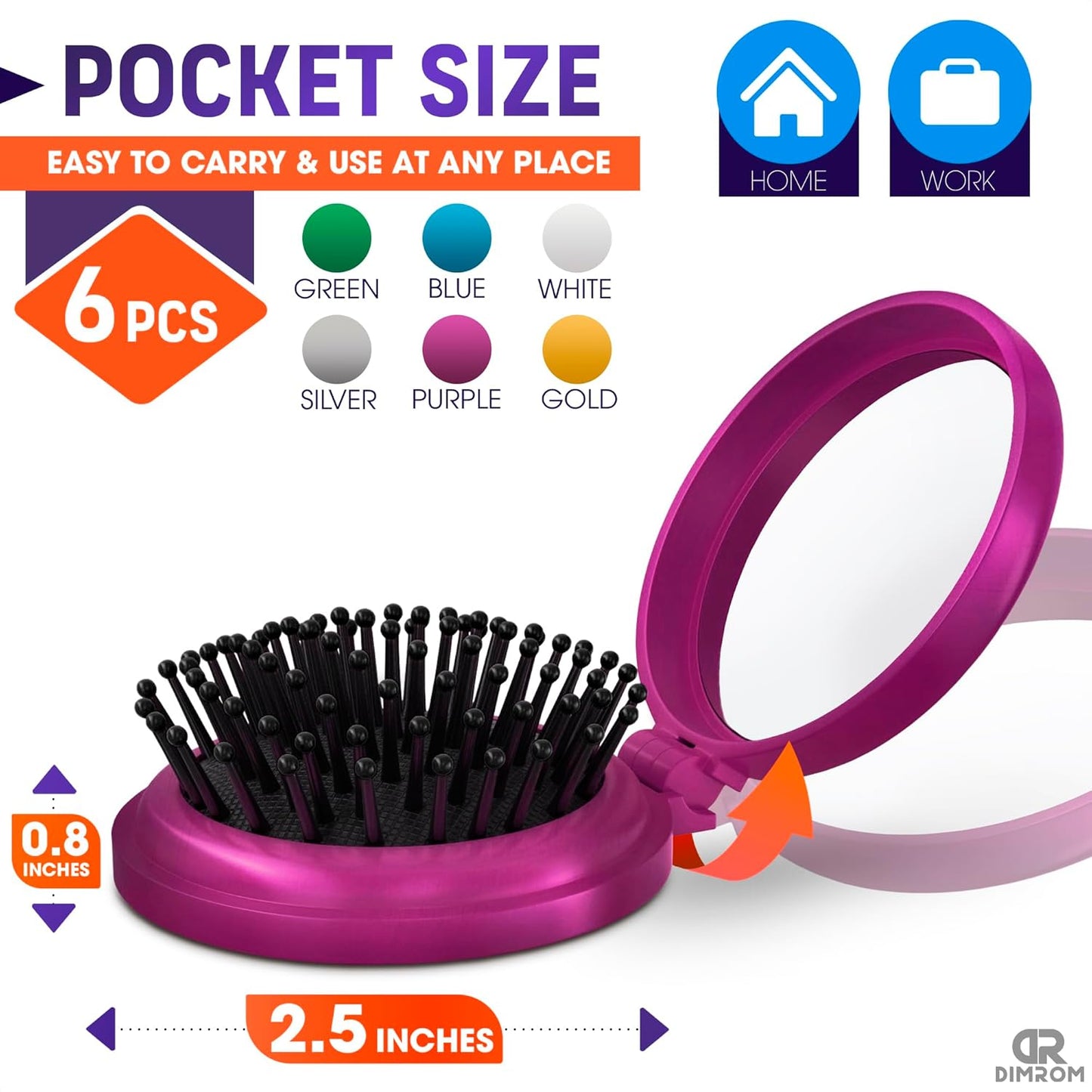 6Pcs Folding Hair Brush Set - Quality 2.5x0.8" Mini Hair Brush with Mirror for Hairstyling and Makeup on the Go - Travel-Friendly Foldable Hairbrush for Women with Soft Bristles, and Striking Colors