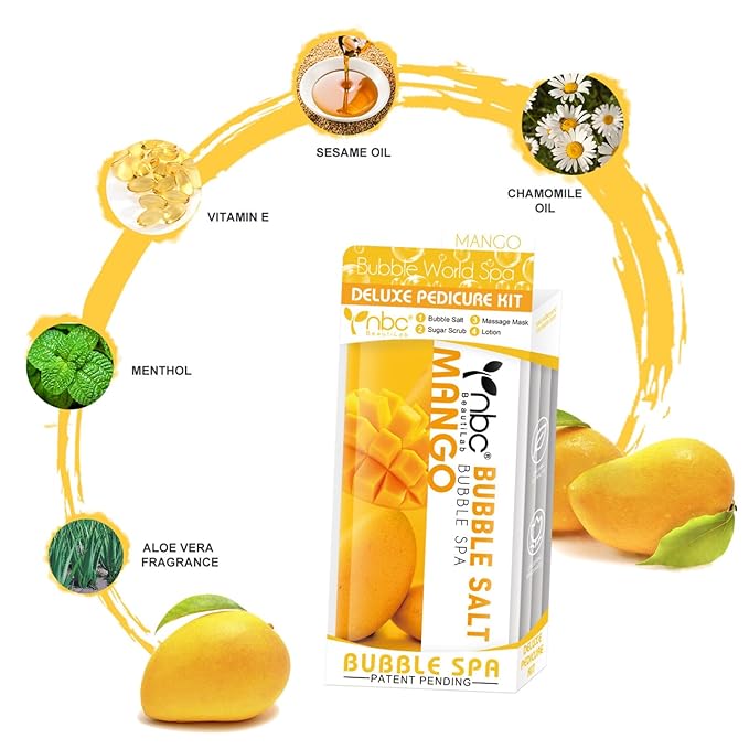 Pedicure Kit Foot Soak Set: Bubble Salt, Sugar Scrub, Massage Mask, Massage Lotion in a Box, 4 Step Foot Spa Kit for Dry Feet,Tired Feet（3 Set Mango)