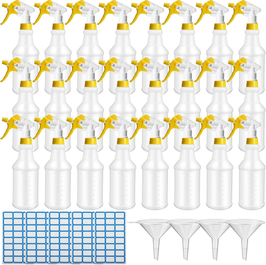 Zubebe 24 Pack 32 oz Plastic Spray Bottle Bulk Empty Leakproof Heavy Duty Spray Bottles for Cleaning Supplies Mist Bottles with Label and Adjustable Nozzle for Plant(Yellow,Clear Scale)