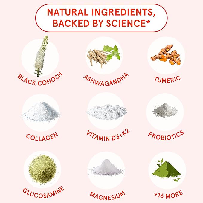 Menopause Multivitamin | 21 Vitamins for Women 45+ | Black Cohosh, Ashwagandha, Vitamin D3+K2, Probiotics & Collagen | Support for Hot Flashes, Mood Swings, Joint & Skin Health | 30 SVG