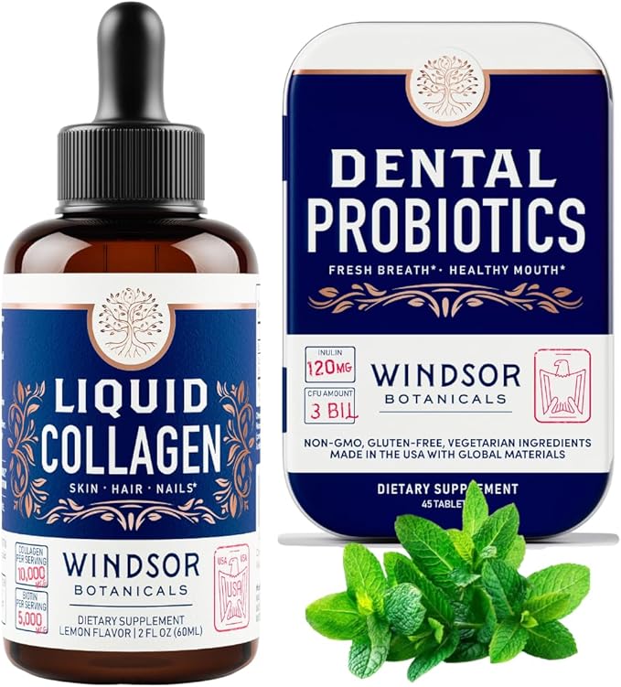 WINDSOR BOTANICALS Liquid Collagen Peptides with Biotin and Dental Probiotics for Fresh Breath Bundle