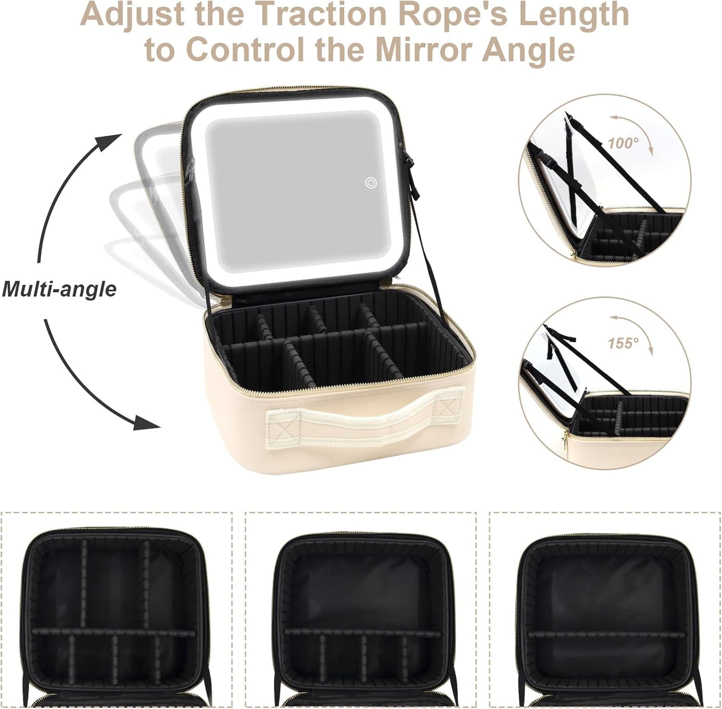 Portable Travel Makeup Bag with Lighted Mirror, 3 Color Brightness, Beige