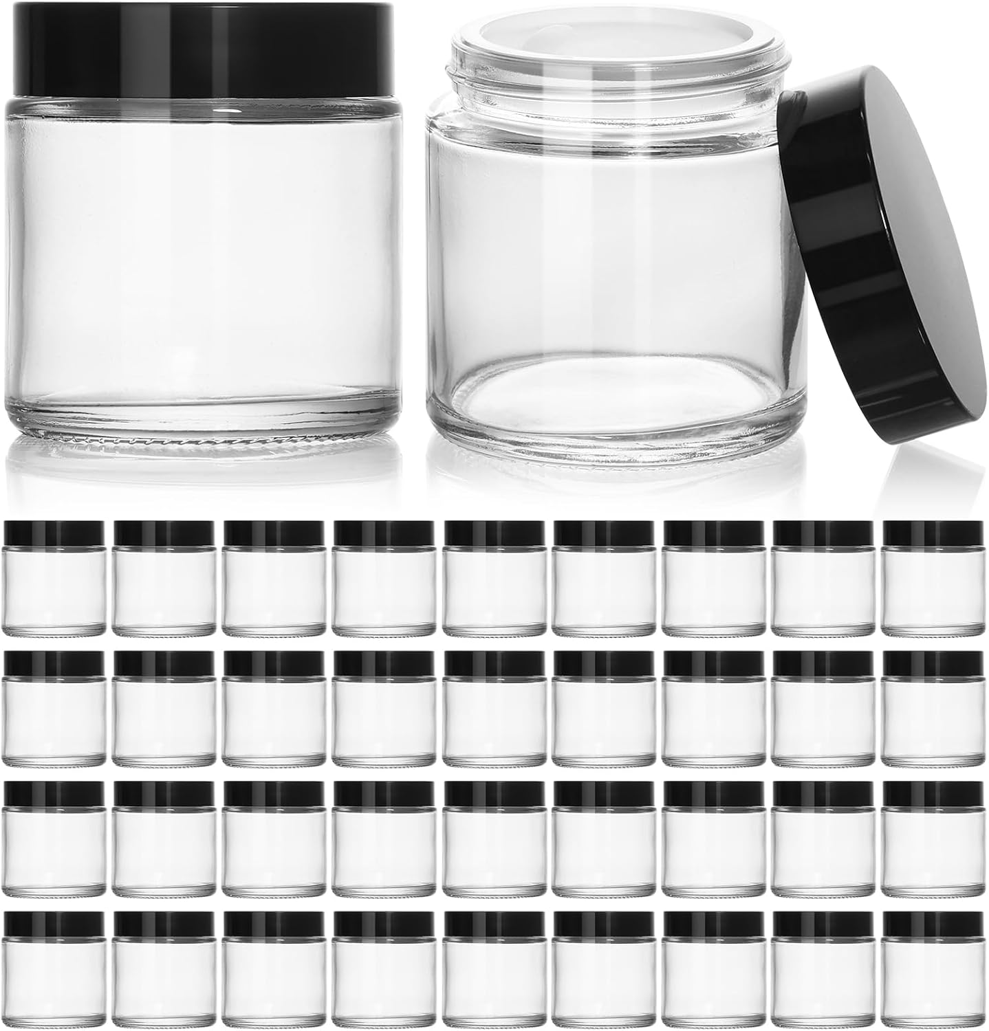 KEYWING 4oz Clear Glass Jars, 36 Pack Round Small Glass Jar with Black Lids Empty Cosmetic Containers with Inner Liners for Lotions, Powders, Cream and Ointments
