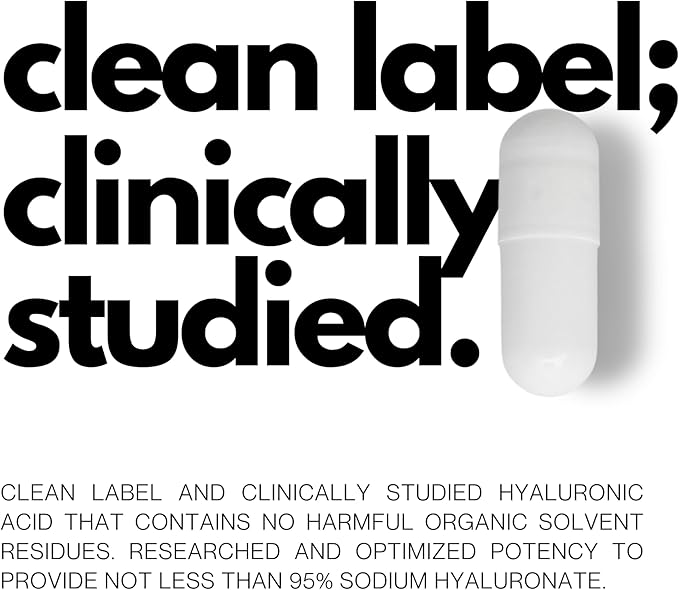Ultra High Purity Hyaluronic Acid Capsules 500mg - 95% Sodium Hyaluronate - Highly Purified and Bioavailable - Low Molecular Weight - Non-GMO Fermented - 60 Capsules