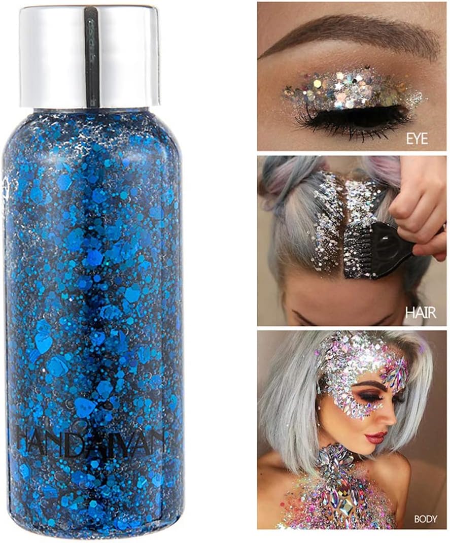 Mermaid Sequins Body Glitter Gel, Make Up Long Lasting Glitter for Body Face Hair Eyeshadow, Music Festival Party Carnival Long Lasting Face Glitter, No Glue Needed and Easy to Remove. (Blue)