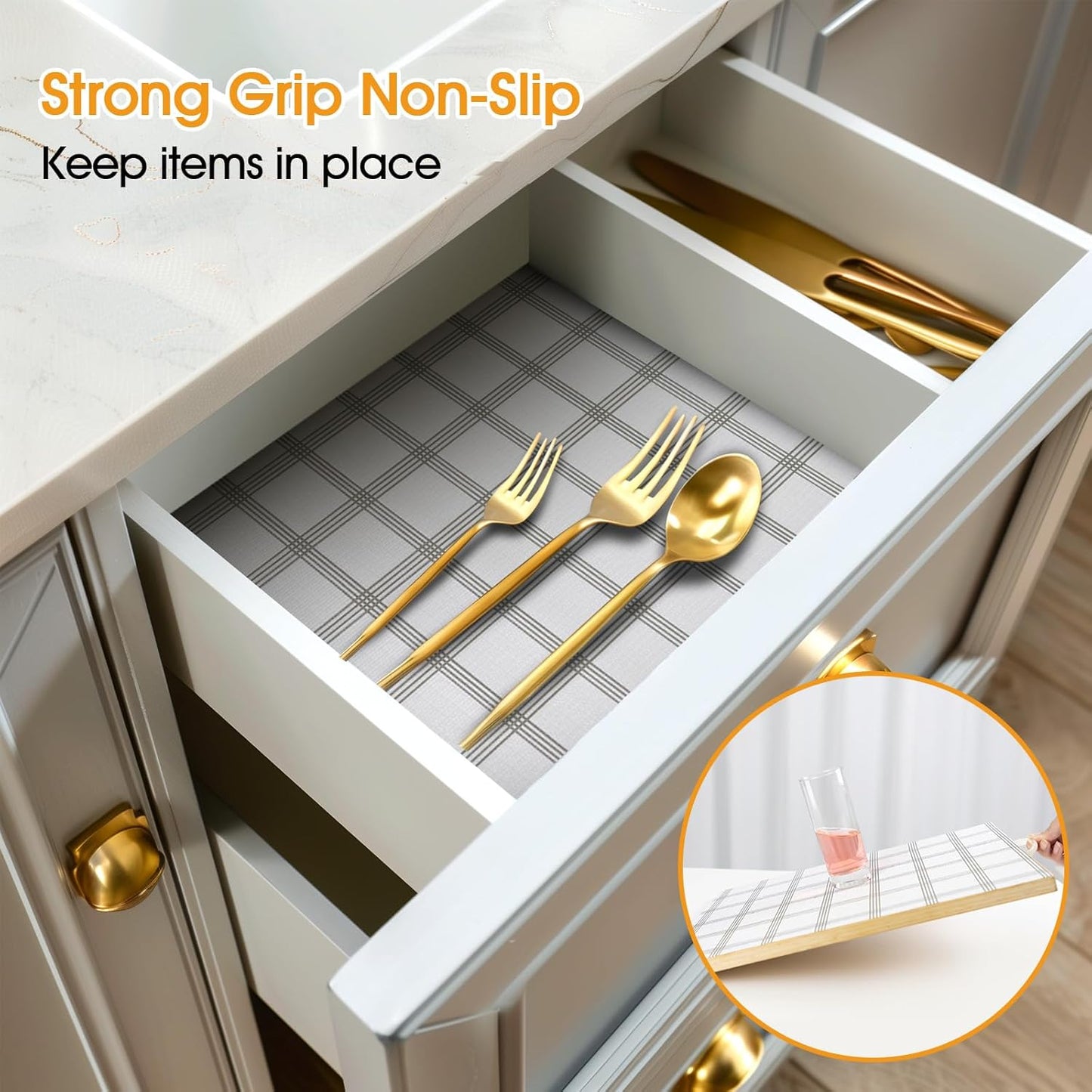 Shelf and Drawer Liner for Kitchen Cabinets Non-Adhesive, Strong Grip Non-Slip Thickened Cabinet Liners for Shelves, Waterproof Mats for Dresser Cupboard, White Square, 12 in x 20 Feet