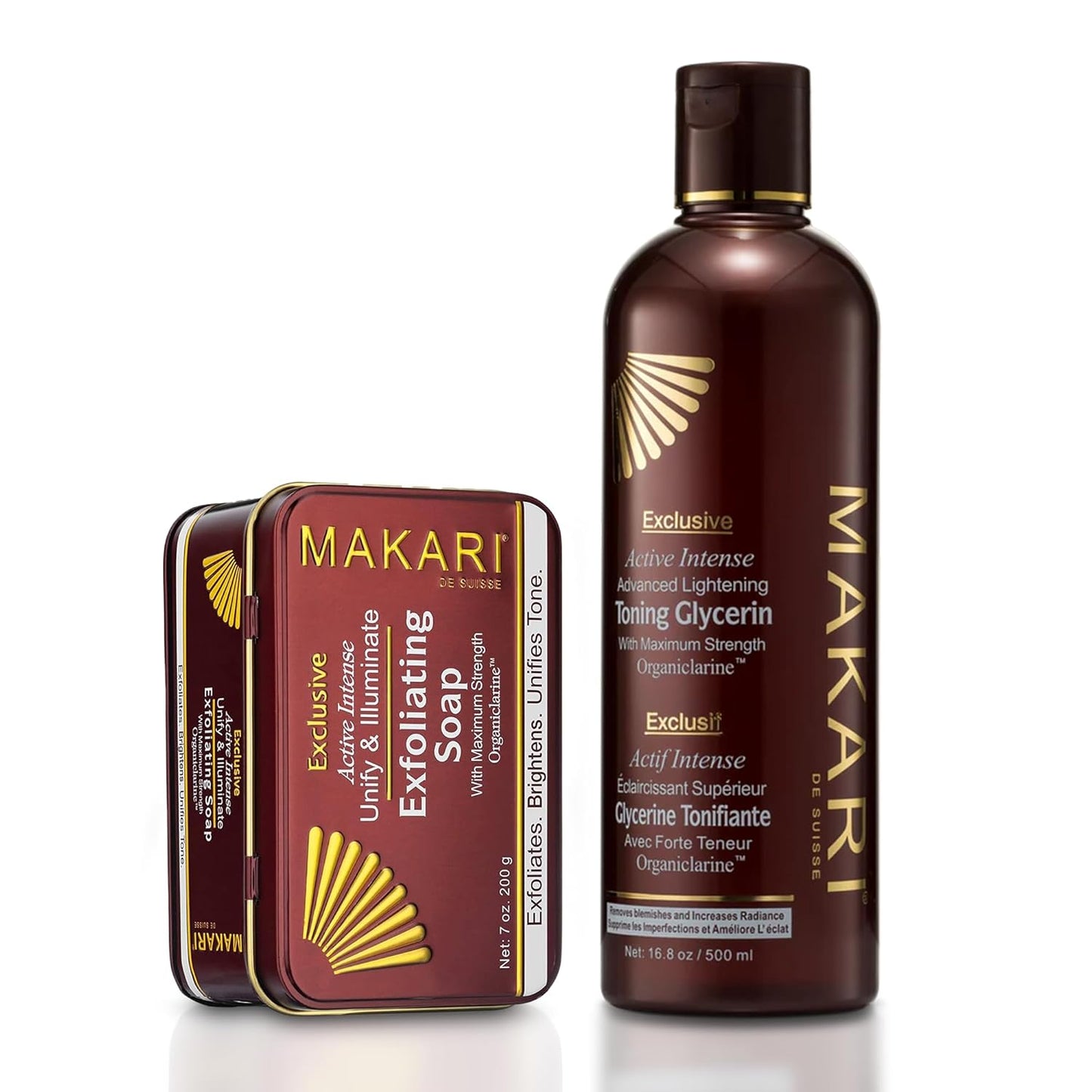 MAKARI Exclusive Active Intense Radiance Bundle: Exfoliating Soap & Tone Boosting Glycerin for Brightening, Even Skin Tone & Radiance