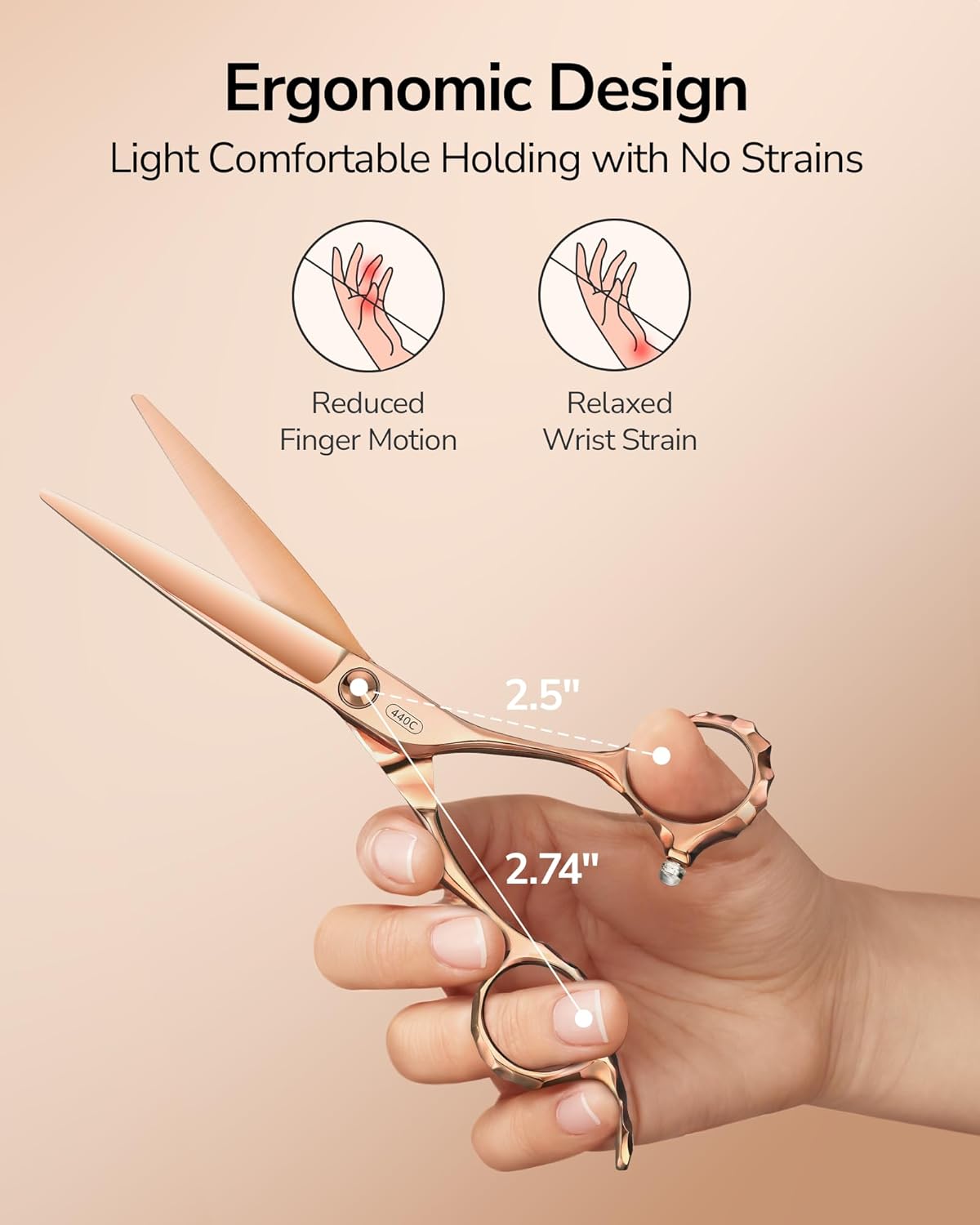 ULG Professional Hair Cutting Scissors with Luxury 18K Rose Gold Finish 6.5" Barber Scissors 440C Japanese Stainless Steel Hand-Honed Razor Sharp Blades Offset Handles Tension Adjustable, Right-Handed