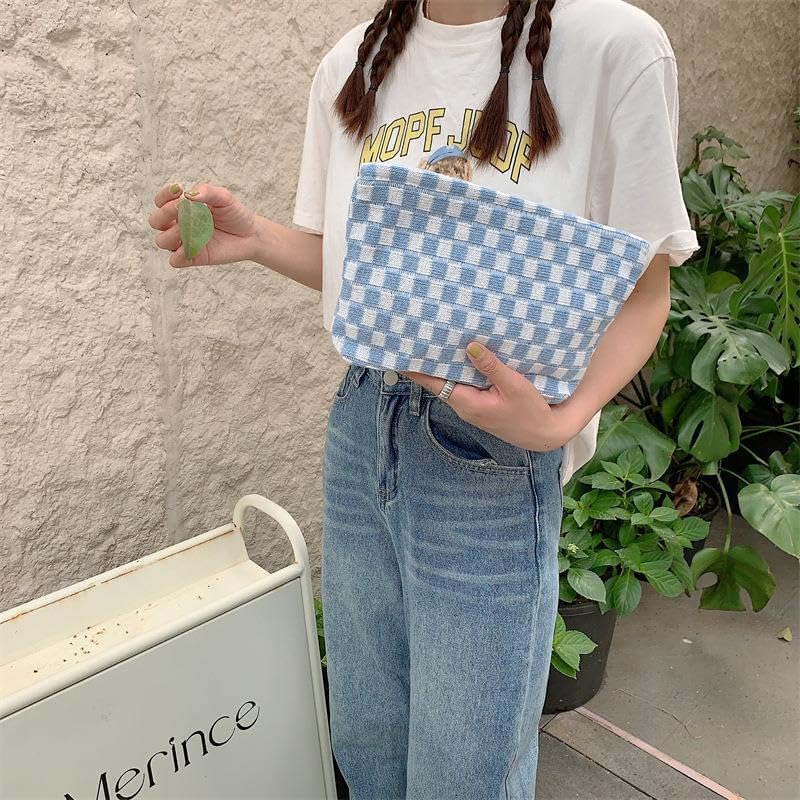 PAZIMIIK Knit Checkered Makeup Bag Large Zipper Make Up Accessory Pouch for Purse Cosmetic Brush Bag for Travel Essential,Blue