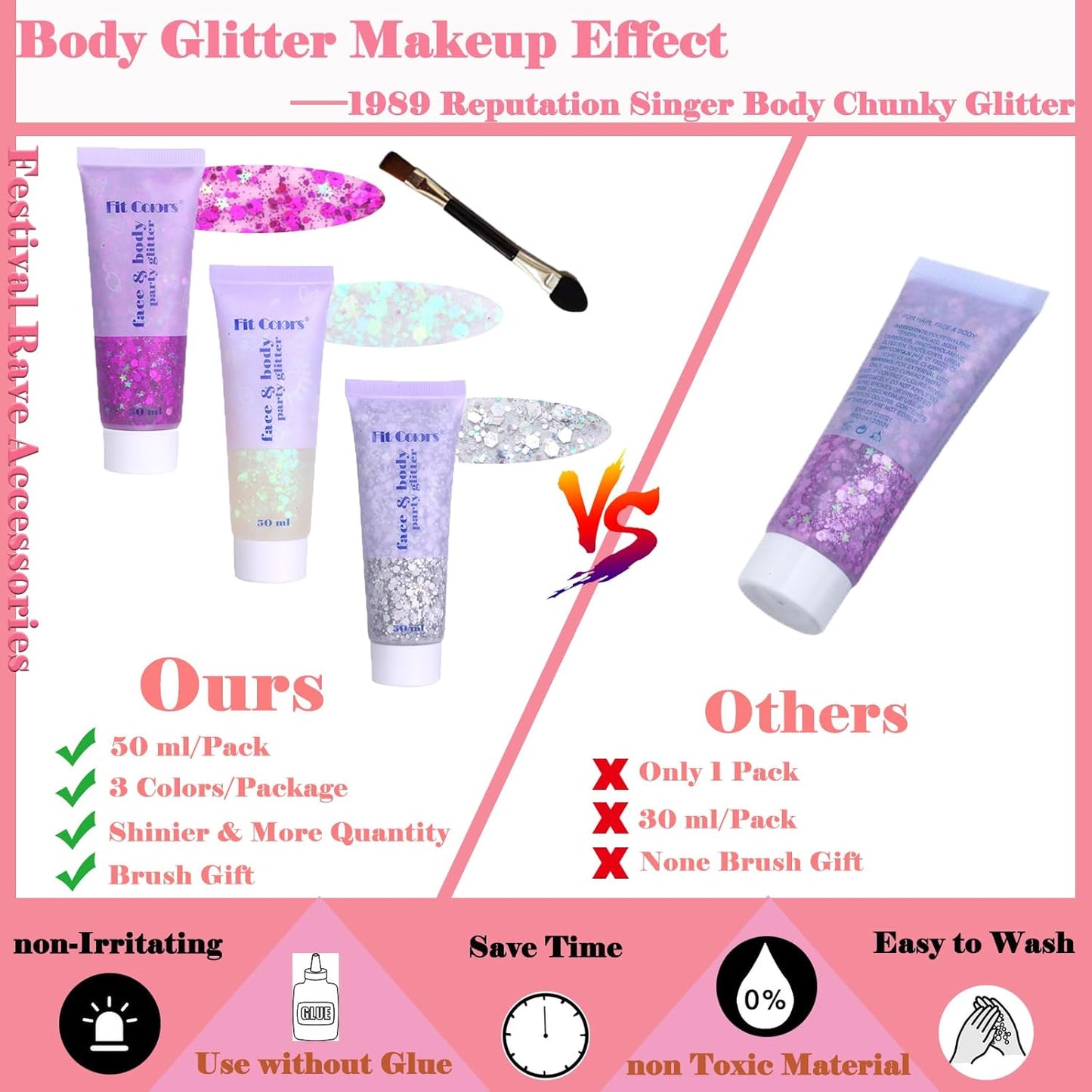Body Glitter Face Glitter Gel: Singer Concerts Disco Festival Rave Accessories Face Glitter Makeup 150ml Chunky Sequins Mermaid Face Body Hair Glitter Gel (White&Silver&Purple)