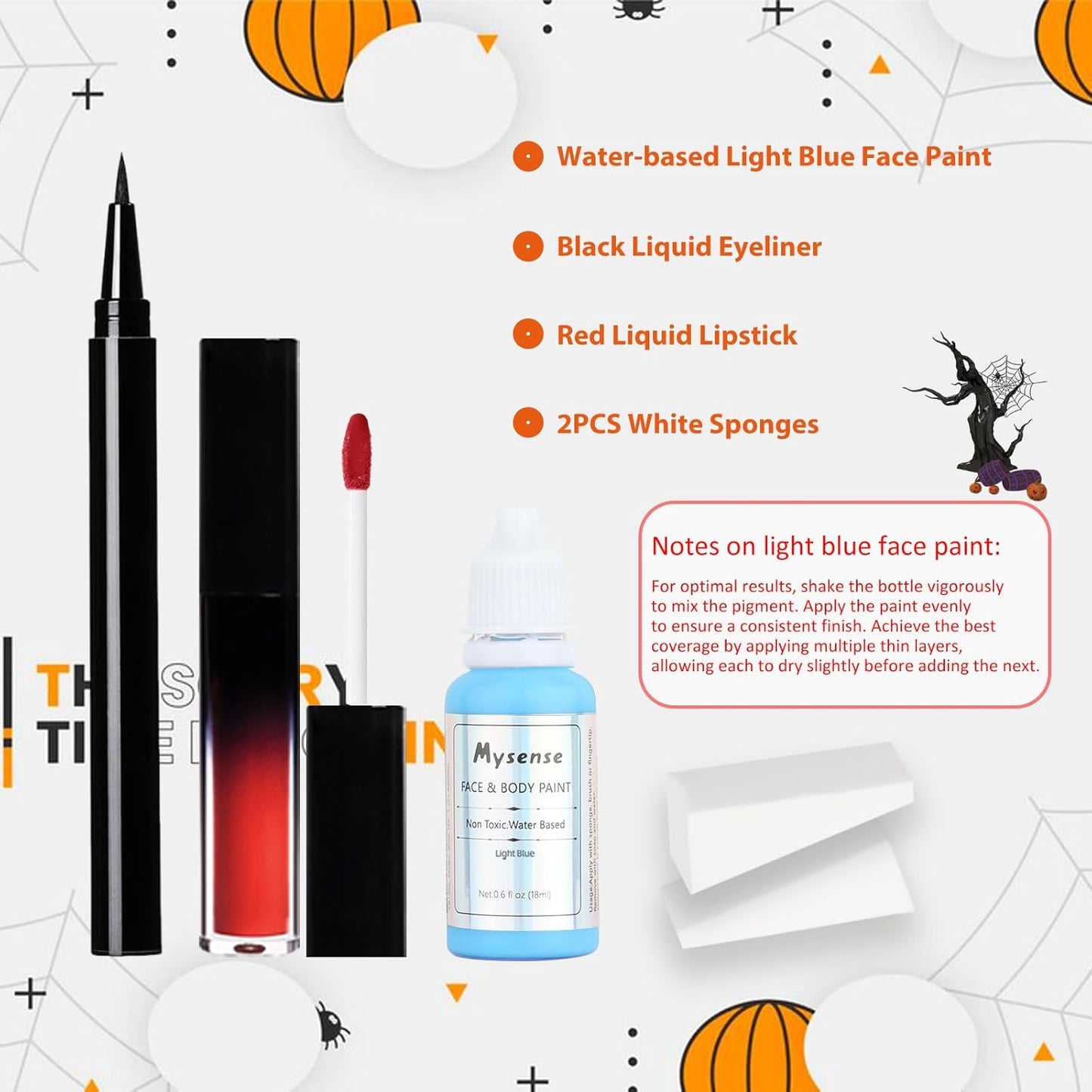 Halloween Makeup Kit for Corpse Bride Costume Women Girls Kids,Costume Accessories Cosplay Makeup Set with Light Blue Face Paint,Black Liquid Eyeliner,Red Lipstick,Blue Clip in Hair Extensions&Sponges