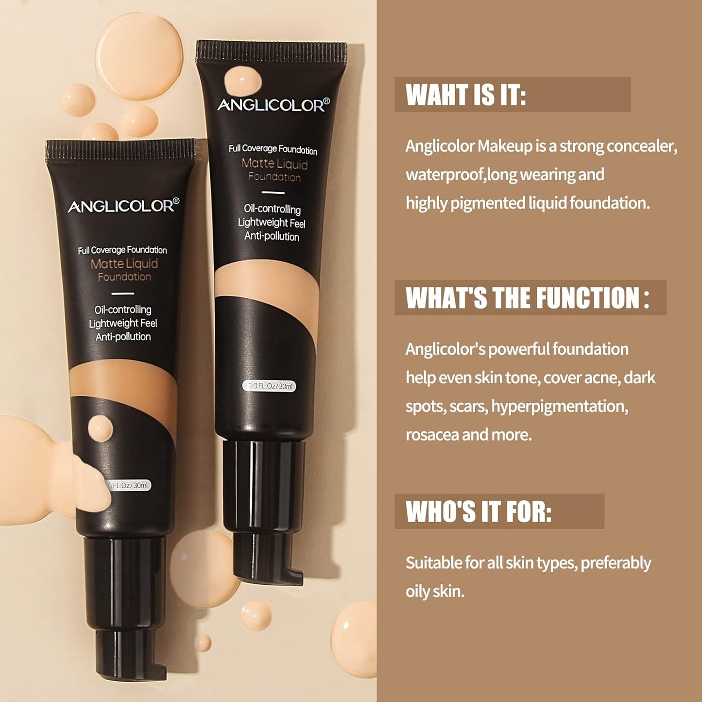 Anglicolor Matte Oil Control Concealer Foundation 2PCS, Flawless Soft Long Lasting Foundation Makeup,Waterproof Full Coverage Face Makeup Strong Concealer Foundation for Oily Acne Skin (2PC 105, 60ml)