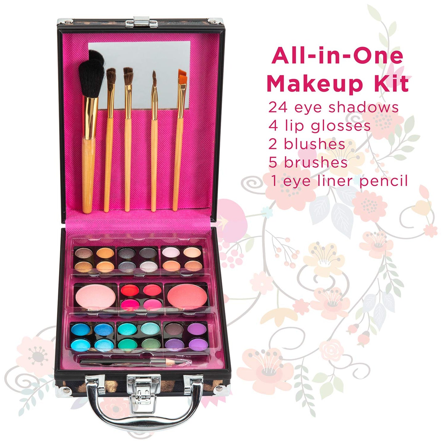 Vokai Makeup Kit Gift Set - Leopard Print Travel Case 24 Eye Shadows 4 Lip Glosses 2 Blushes 5 Brushes 1 Eye Liner Pencil - Case with Carrying Handle