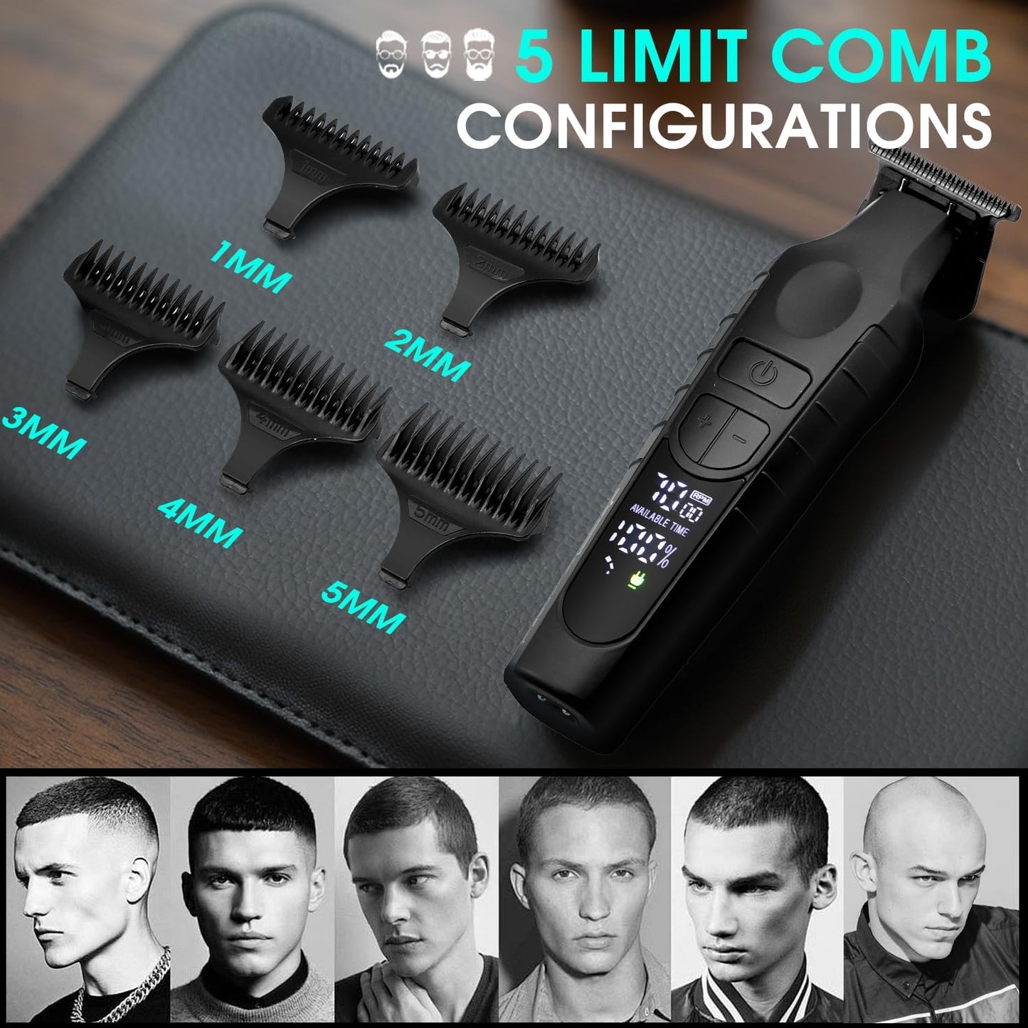 DSP Hair Trimmer for Men, Beard Trimmer, Cordless USB Rechargeable Barber Trimmer DLC, Speeds Adjustable, Travel Lock, Low Noise with Charging Base