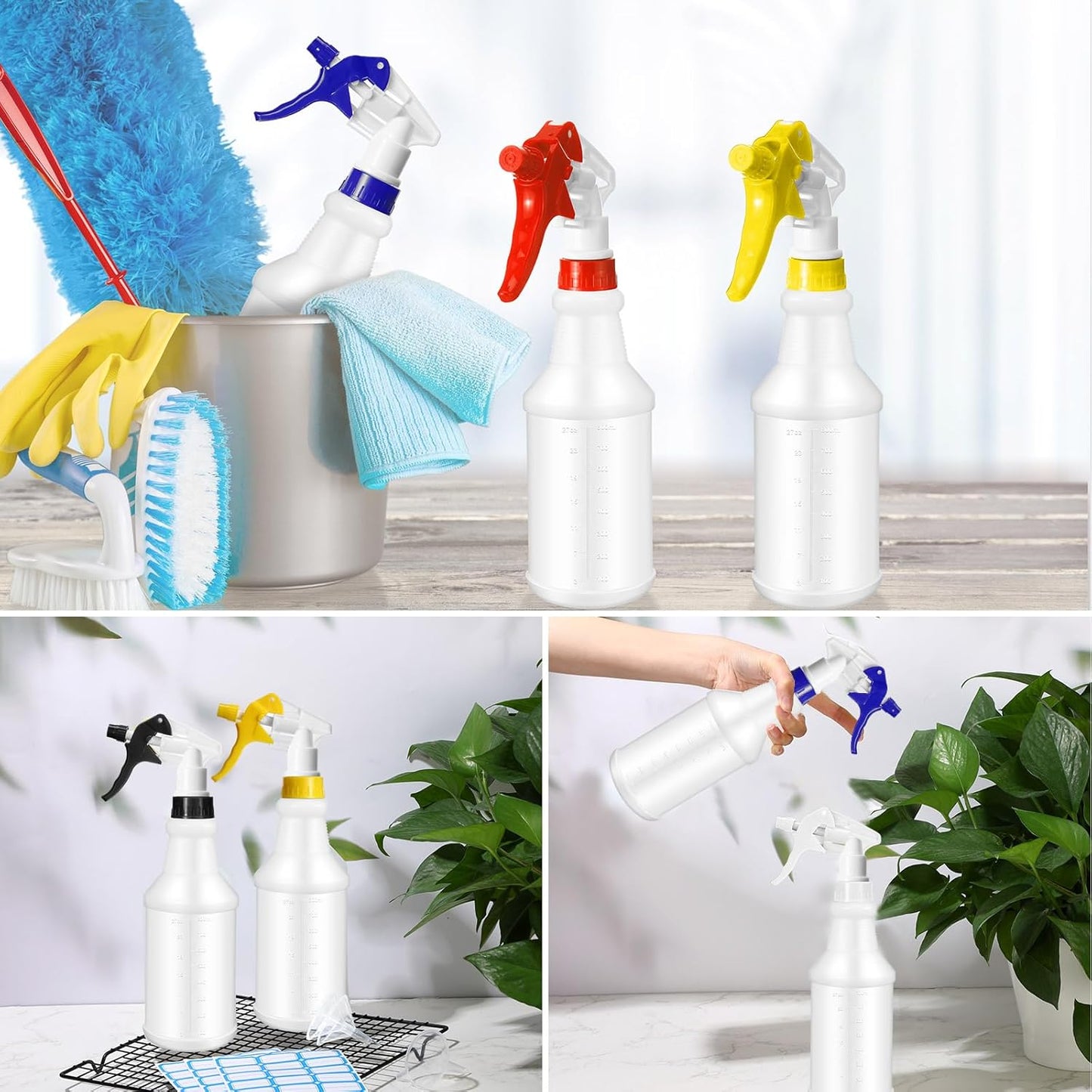 Zubebe 24 Pack 32 oz Plastic Spray Bottle Bulk Empty Leakproof Heavy Duty Spray Bottles for Cleaning Supplies Mist Bottles with Label and Adjustable Nozzle for Plant(Multicolor A,Clear Scale)