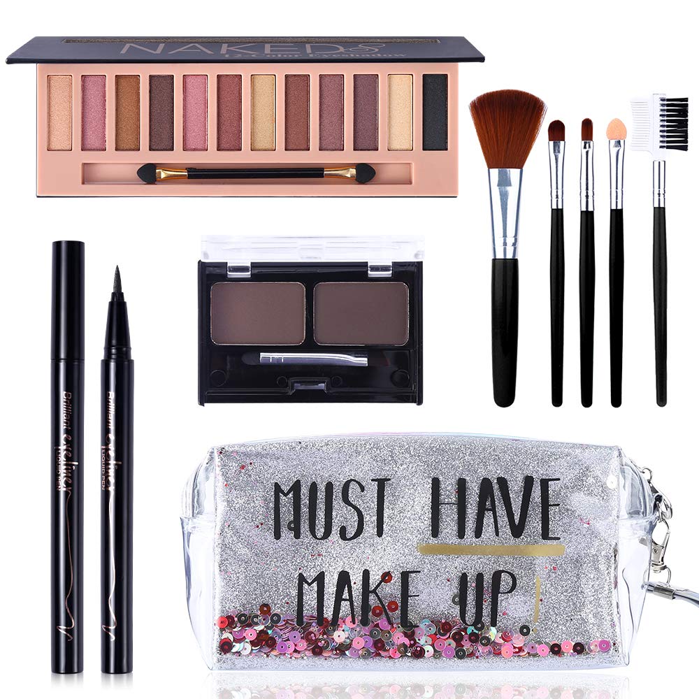 All in One Makeup Kit,12 Colors Nude Shimmer Eyeshadow Palette, Waterproof Black Eyeliner Pencil, Duo Pressed Eyebrow Powder Kit, 5 Brushes With Quicksand Cosmetic Bag Gift Set