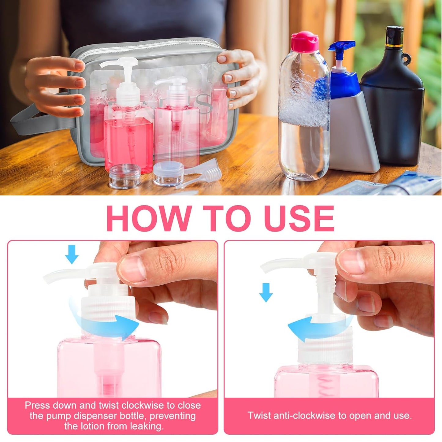 Domensi 12 Pcs 100ml /3.4 oz Pump Bottle Mini Travel Bottles Small Dispenser Containers Plastic Pump Lotion Dispenser Empty Square Travel Size Containers Toiletries (Transparent Pink)