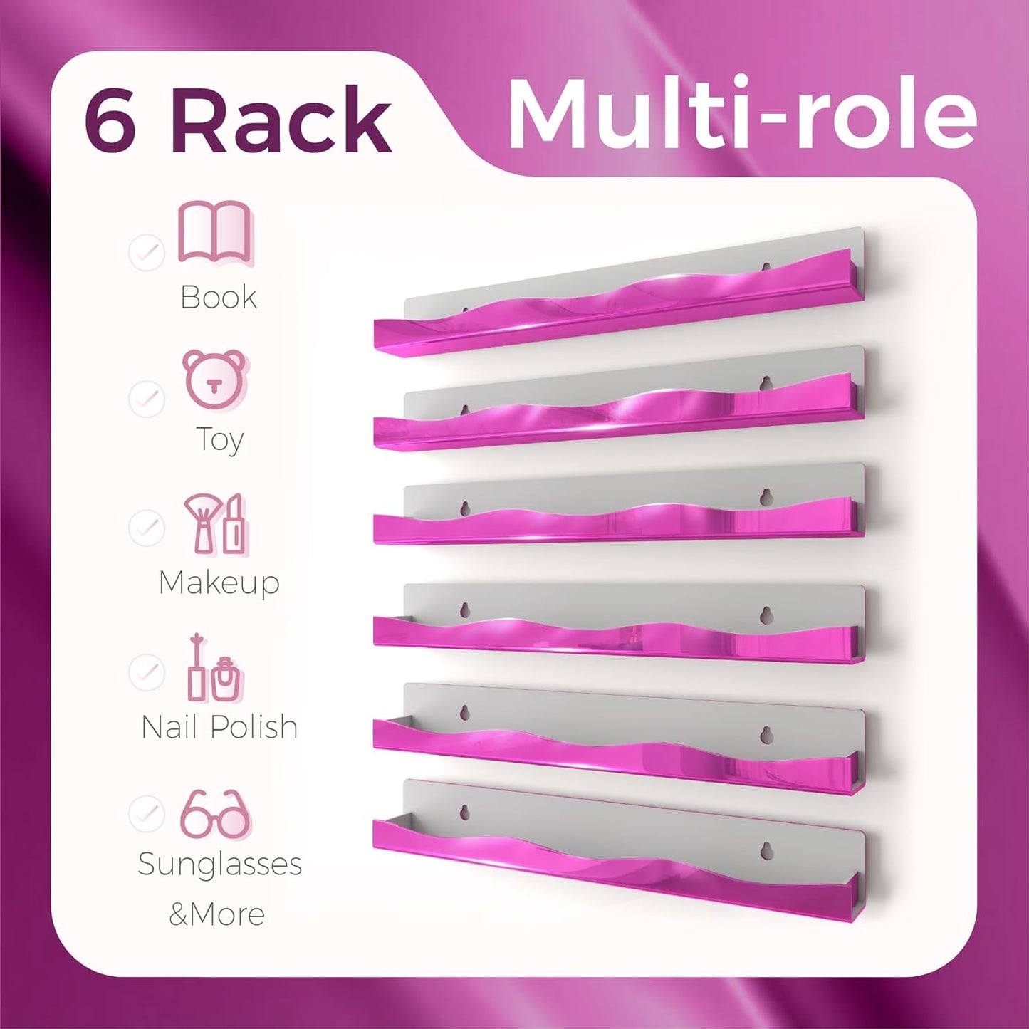 YMVV Wall-Mounted Nail Polish Organizer Rack - 15 Inch Pink Mirror Finish Nail Polish Shelf, Makeup & Beauty Essentials Storage - Multi-Purpose Display Holder for Small Space, Vanity Bathroom, 6 Pack