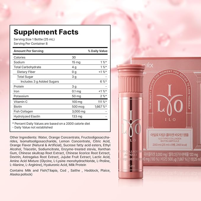 ILO Liquid Collagen Drink – 3,000mg Type 1 Marine Collagen with Biotin & Ceramide | Skin Glow & Hydration | Orange Flavor | 8 Bottles – Korean Beauty Supplement