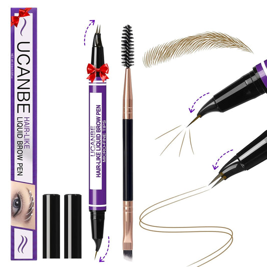 UCANBE Curved Eyebrow Pencils for Women with Spoolie Brush,Dual-Ended Eyebrow Pen with 2-Fork-Tip&Precise Brush-Tip,Microblading Brow Pen for Hair-Like Brows,Waterfool, Long Lasting,Light Brown