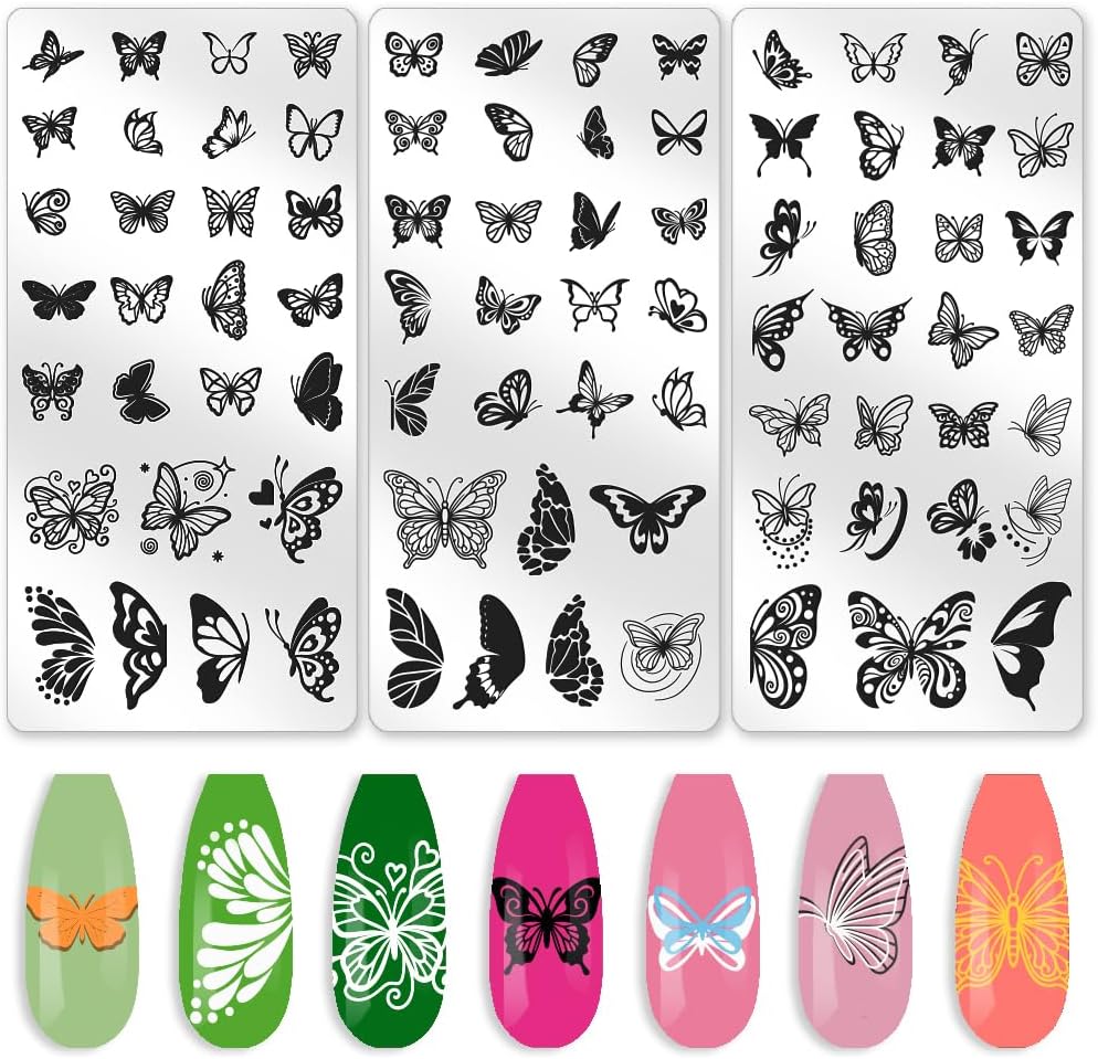 3Pcs Butterfly Nail Stamping Plate Set Cute Boho Butterflies Nail Stamp Templates Metal Reusable Tools with Stamper Scraper for Manicure Printing