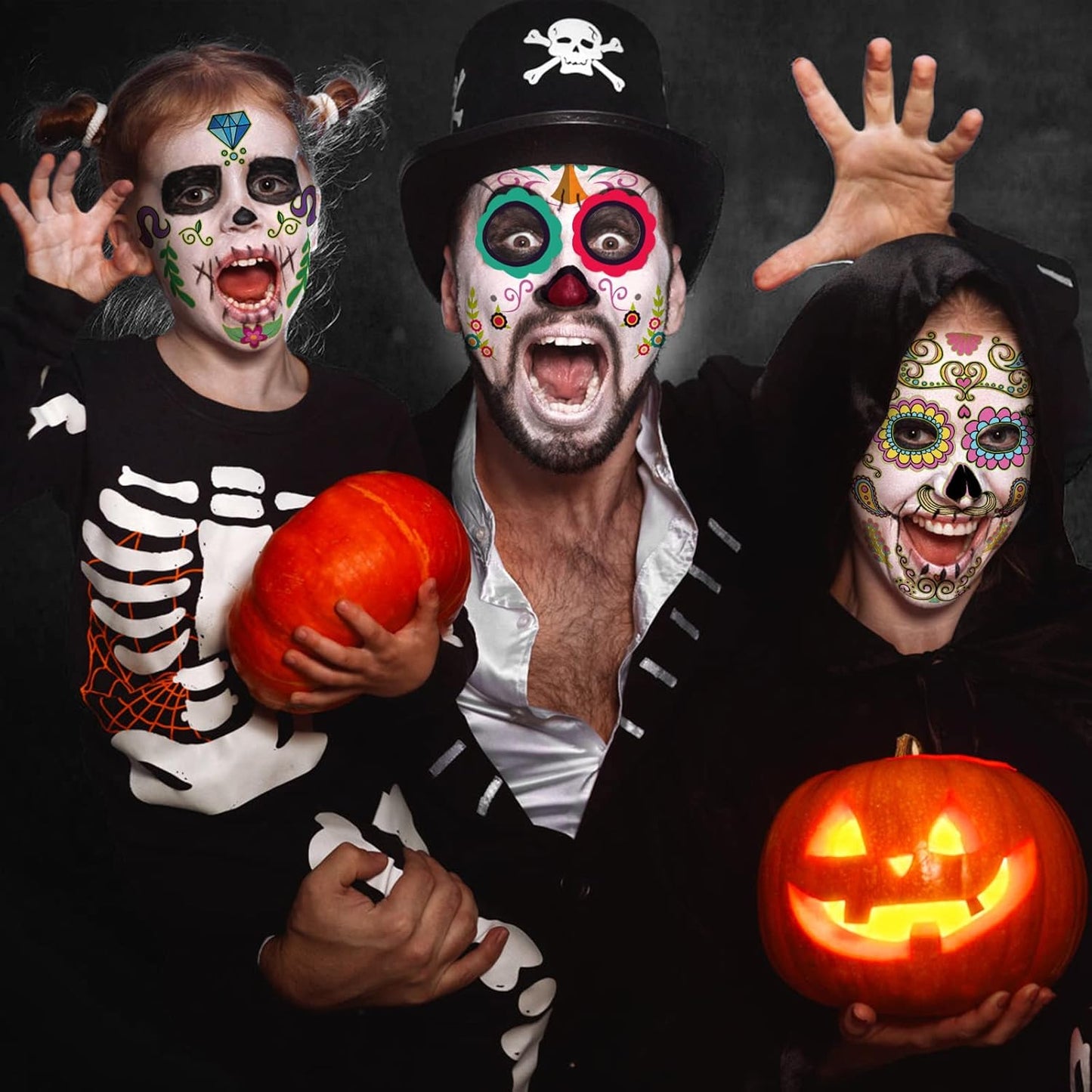 Day of the Dead Face Tattoos, Halloween Temporary Tattoo 10 Pack Dia de Los Muertos Skeleton Makeup Kit Catrina Red Rose Sugar Skull Full Face Stickers for Women Kids Halloween Accessories and Parties