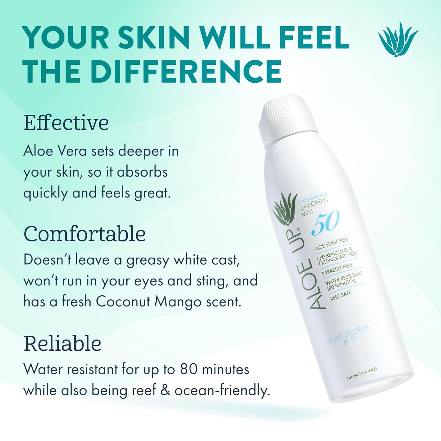 Aloe Up White Collection Continuous Sunscreen Spray SPF 50 Broad Spectrum UVA/UVB Sunscreen Protector for Face and Body with Moisturizing Aloe Vera Gel Reef Safe Coco Mango Fragrance 5.5 Fl. Oz