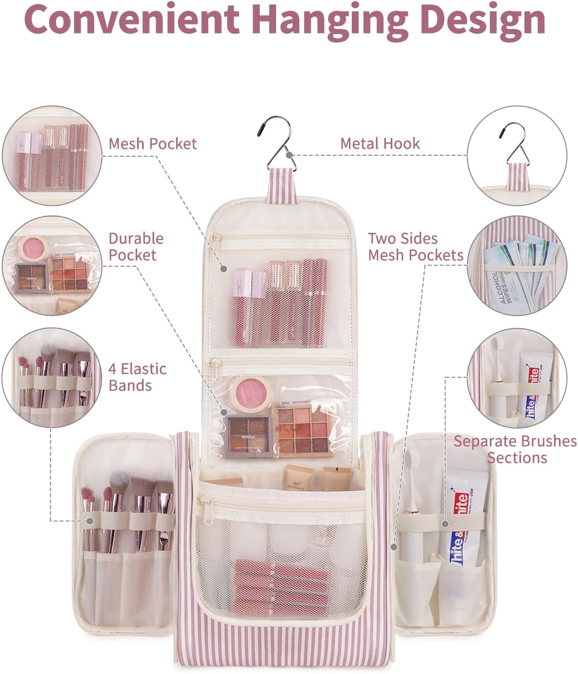 Narwey Striped Hanging Travel Toiletry Bag for Women, Travel Bag for Toiletries, Makeup Bag Organizer Cosmetic Bags Make Up Bags for Women (Dusty Rose Stripe)
