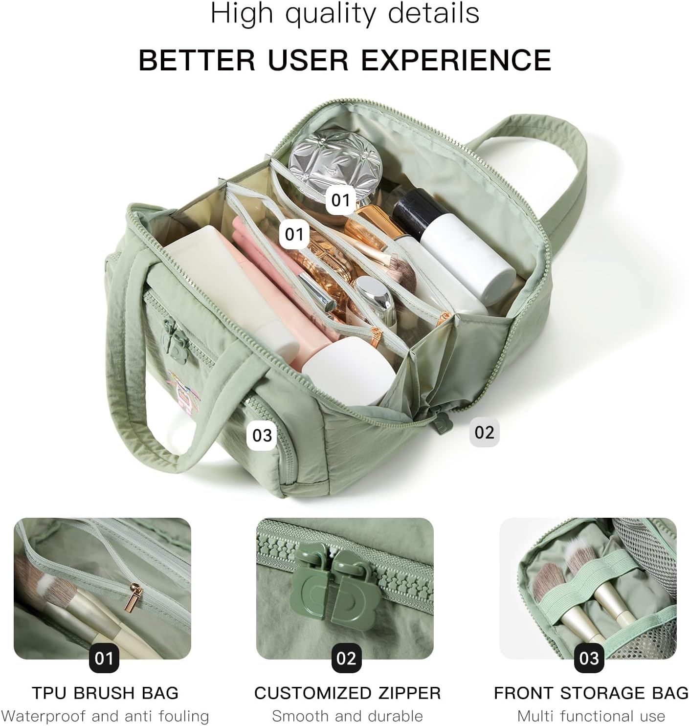 Makeup bag, Large Capacity Cosmetic Bag for Women, Portable Wide-open Toiletry Bag, Travel Makeup Bag with TPU Compartments for Accessories, Essentials, Toiletries, Makeup Brush Bag, Green