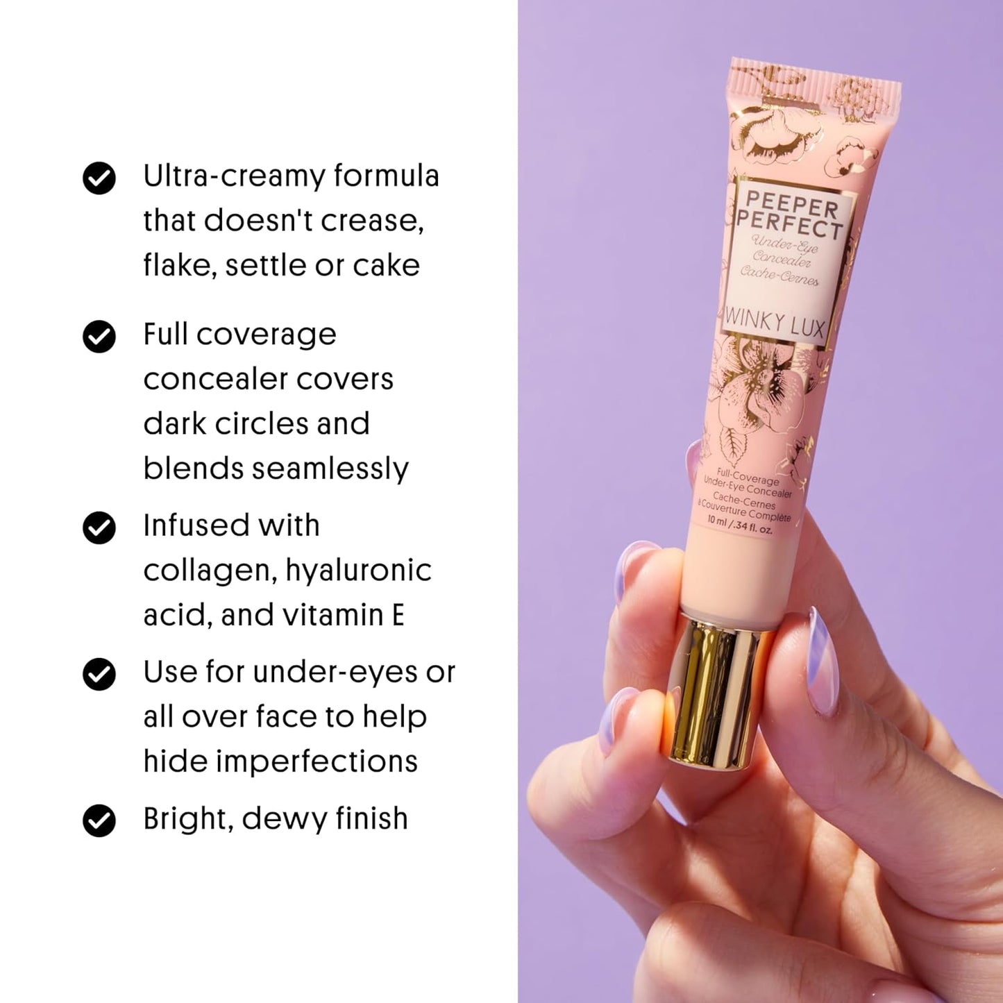 Winky Lux Peeper Perfect Under Eye Concealer, Makeup & Eye Brightener, Full Coverage Concealer for Dark Circles, Color Corrector & Eye Primer, With Collagen, Hyaluronic Acid & Vitamin E (Fair)