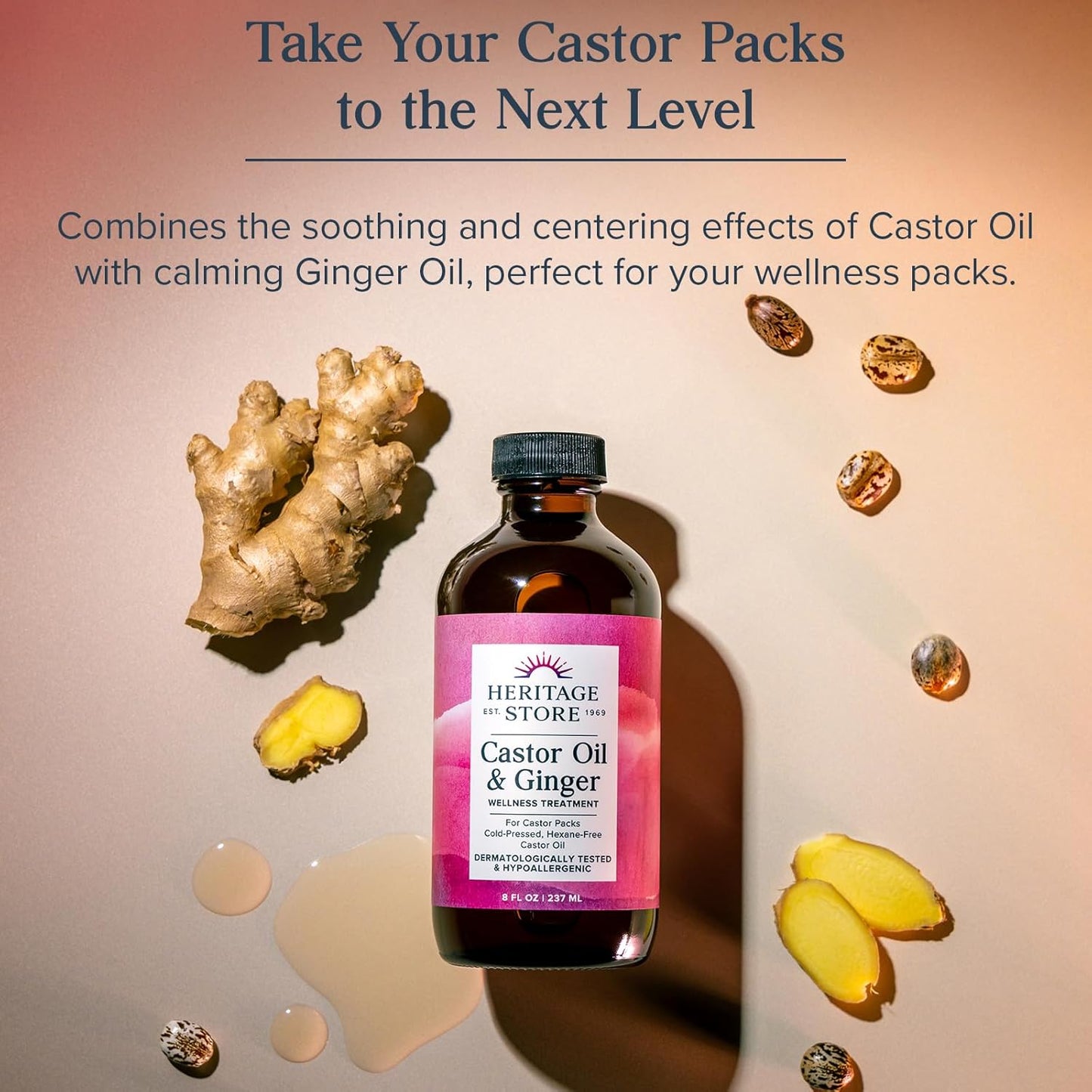 HERITAGE STORE Castor Oil & Ginger - Cold Pressed Organic Castor Oil Pack Wrap - Heat Compress for Abdomen, Joints, Overall Wellness with Calming Ginger - Hypoallergenic, Vegan, 60-Day Guarantee, 8oz