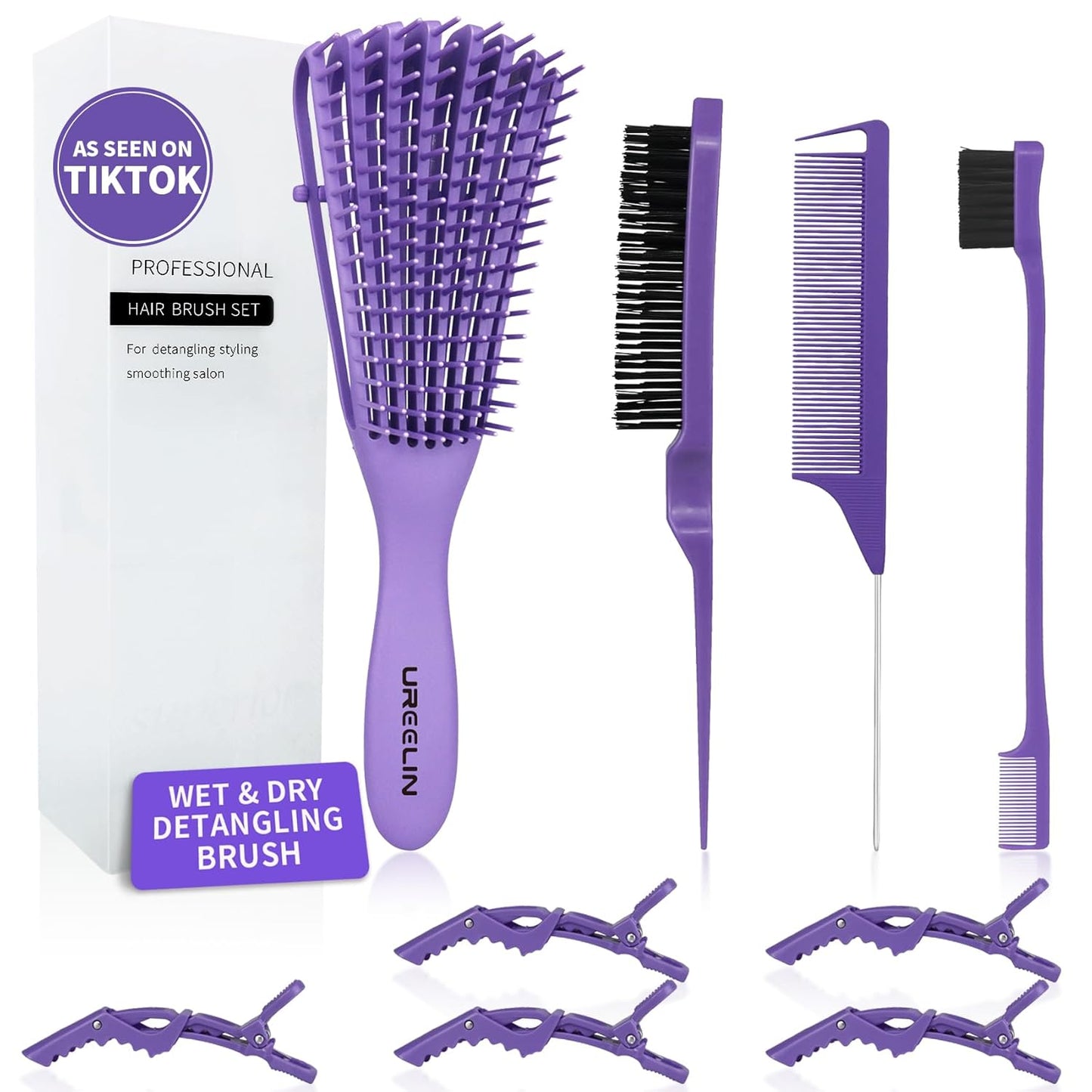 Hair Brush Set for 3a,4c,Wig/Thick/Wavy/Curly/Slick Back Hair Brushes,Rat Tail Combs,8-Row,Edge Brush,For Detangling,Braiding,Teasing,Parting,Styling,Kids,Girls,women(Purple)