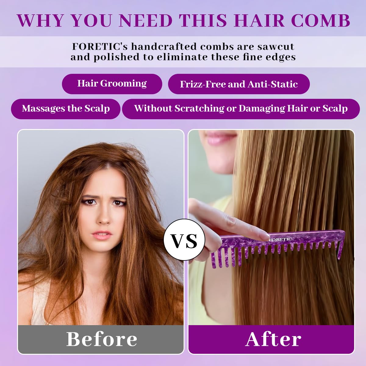 2Pcs Large Bright Violet Wide Tooth Comb for Women, Men, and Kids - Handmade, for Curly Hair. Long and Short Hair Detangler Comb for Wet and Dry Use. Professional Hair Cutting Comb - 6.29 Inches