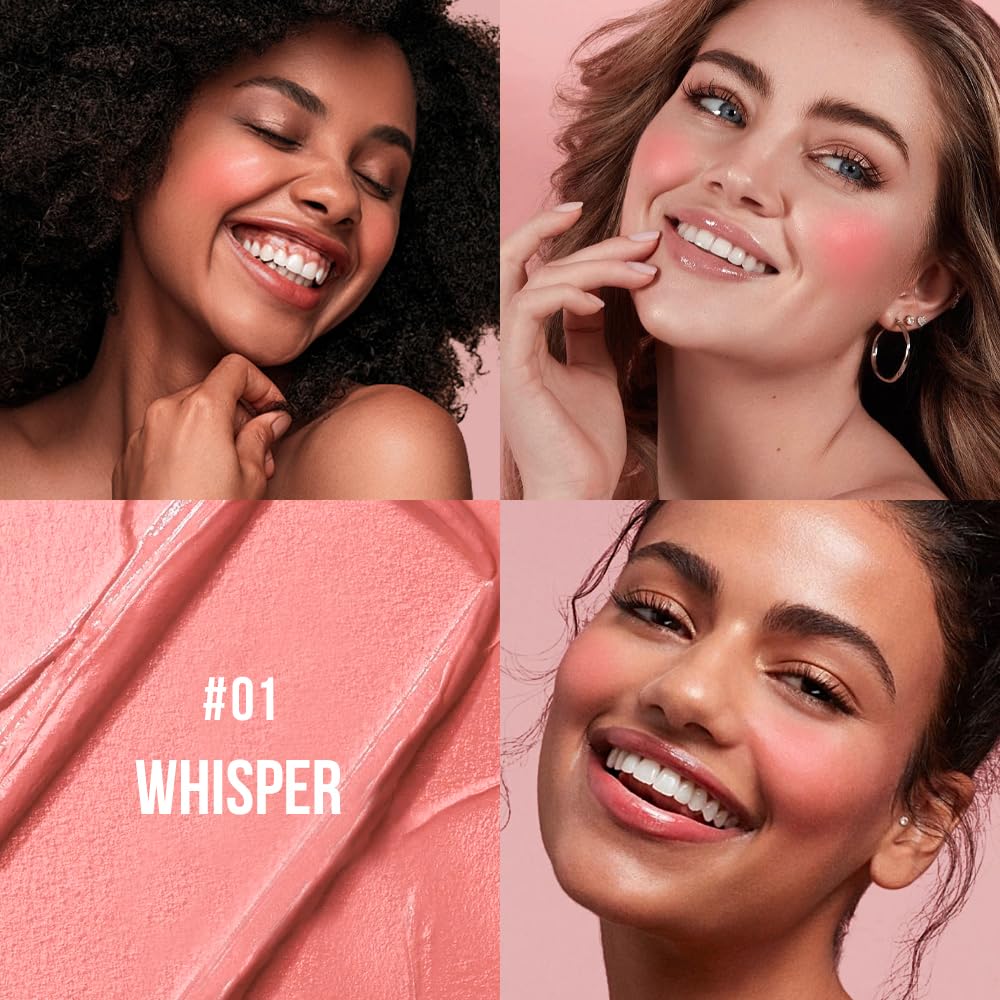 Multi-Use Waterproof Makeup Cream Blush Stick with Brush, 3-in-1 Buildable Blush Stick for Cheeks, Eyes, and Lips, All day wear, Easy Application(01 WHISPER)