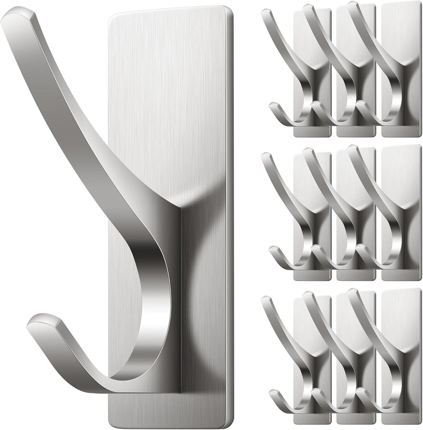 10 Pack Self Adhesive Towel Hooks: Extra Strong 13LB, Stainless Hook for Hanging Loofah, Towels, Coat, Bath Robe Bathroom Shower, Brushed Nickel