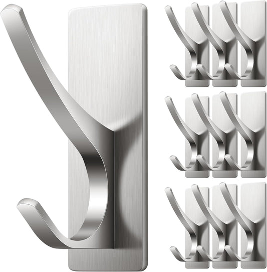 10 Pack Self Adhesive Towel Hooks: Extra Strong 13LB, Stainless Hook for Hanging Loofah, Towels, Coat, Bath Robe Bathroom Shower, Brushed Nickel